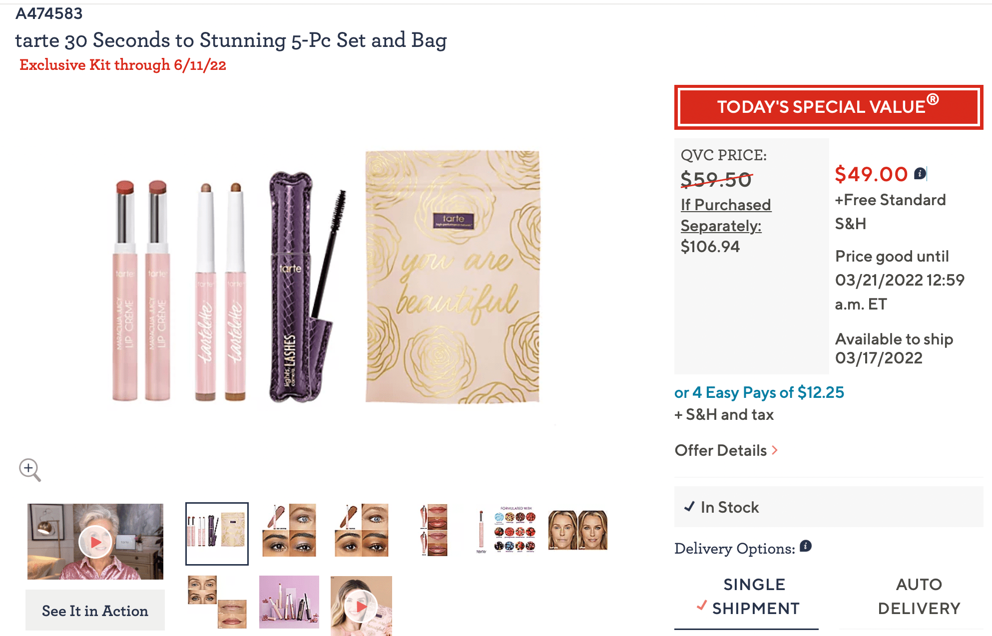 QVC Tarte 5 Piece Set RV 107, Sale 49 with FREE Shipping r