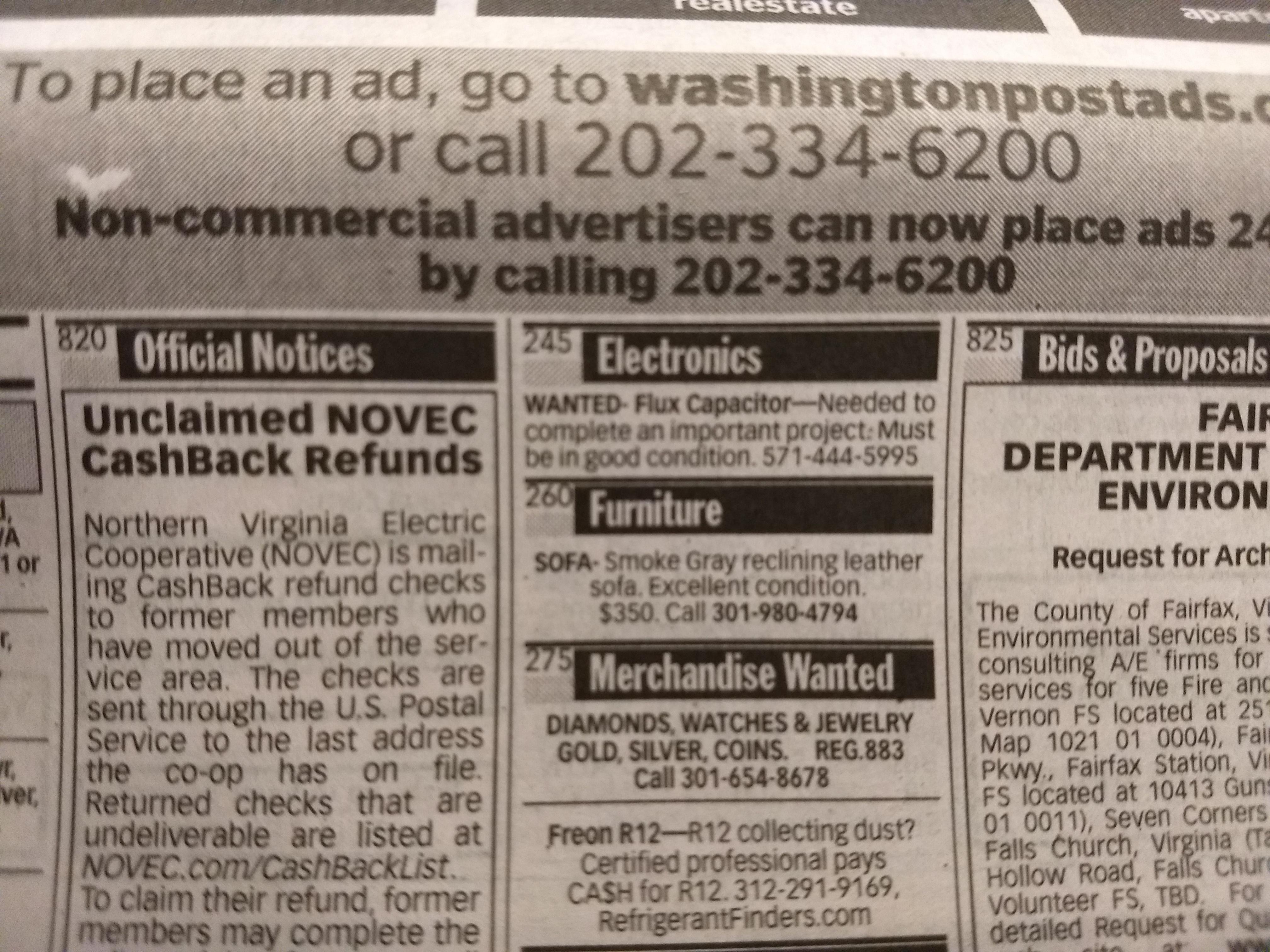 Doc Brown is searching for parts in the Washington Post classifieds