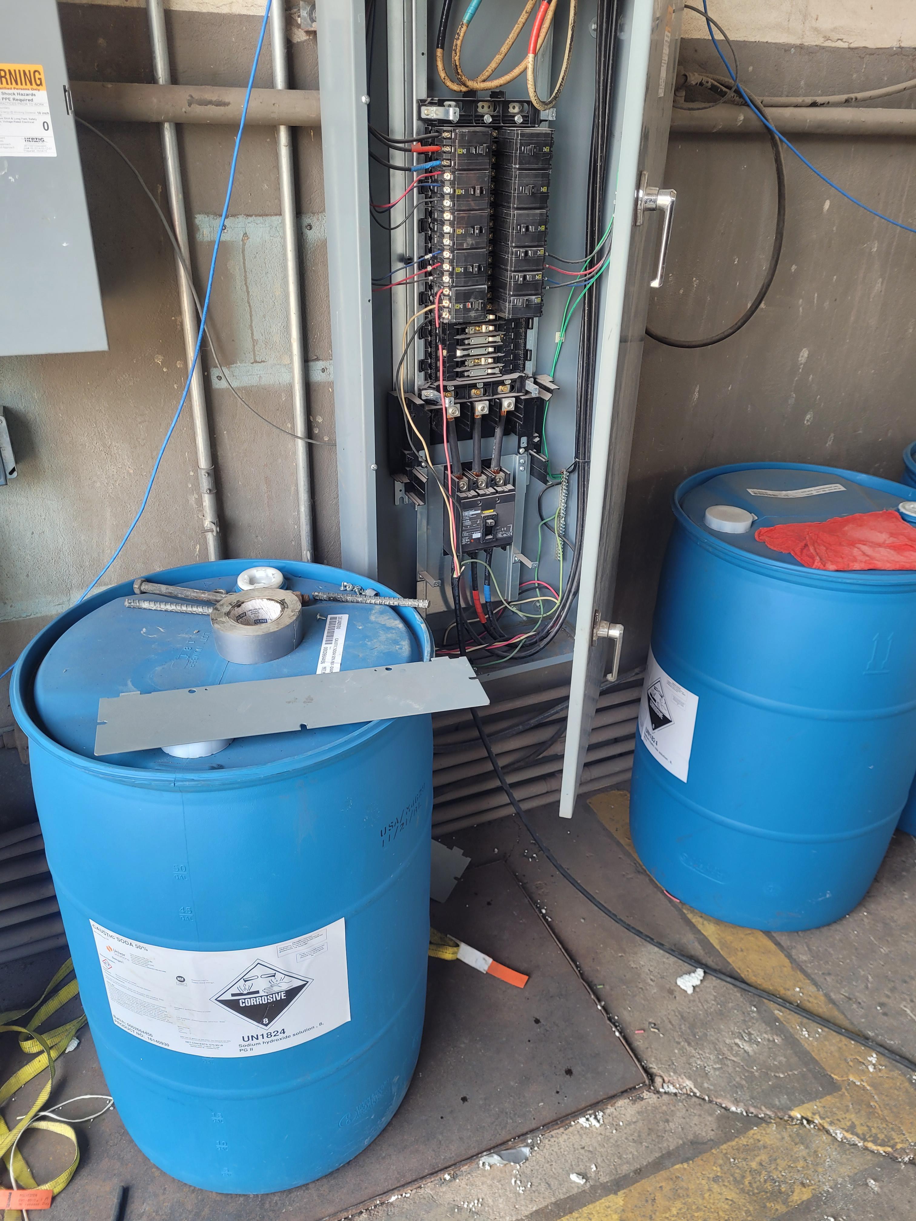 240 Extension Cord wired directly to a fuse with HaOH tub in front OSHA