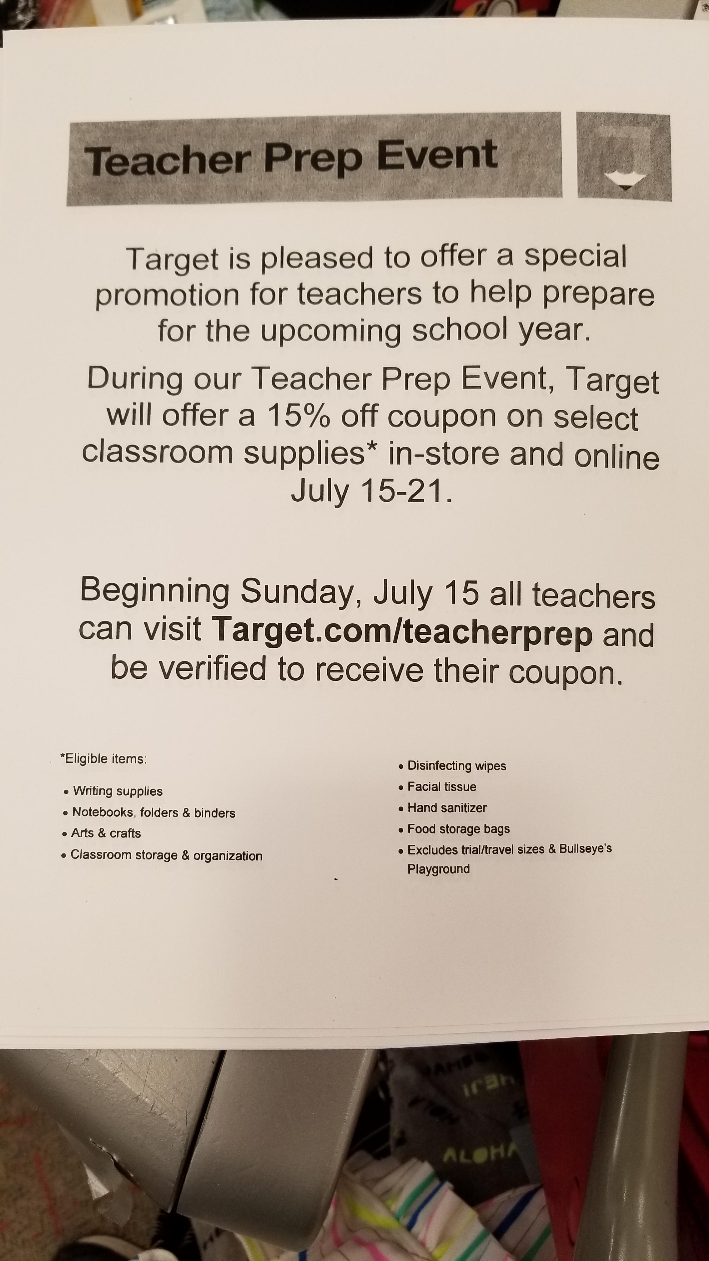 Target is having a 15 off sale for teachers on classroom supplies r