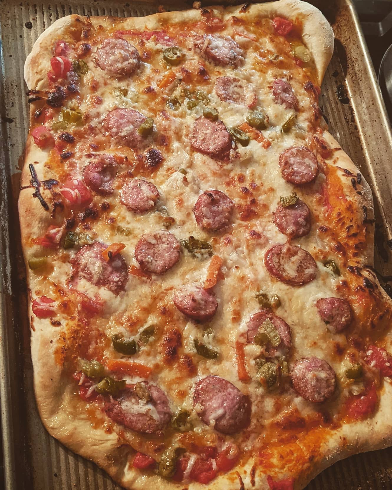 [Homemade] pizza topped with andouille sausage and giardiniera r/food