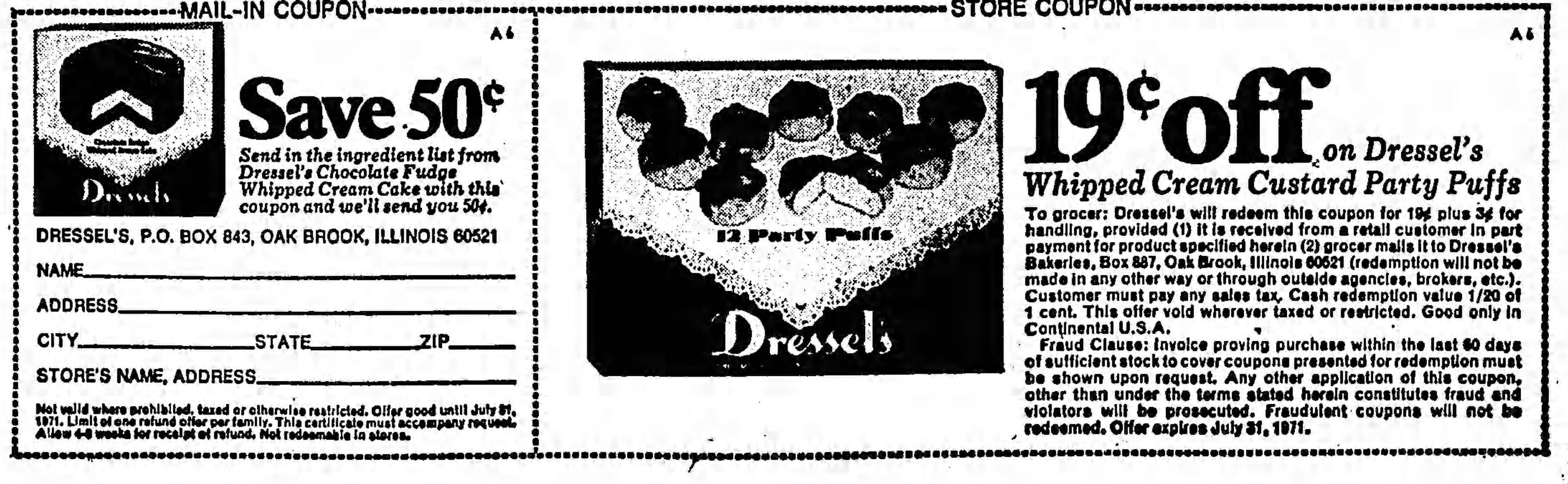 Here is a store coupon from Dressel’s Bakeries. From The Chicago