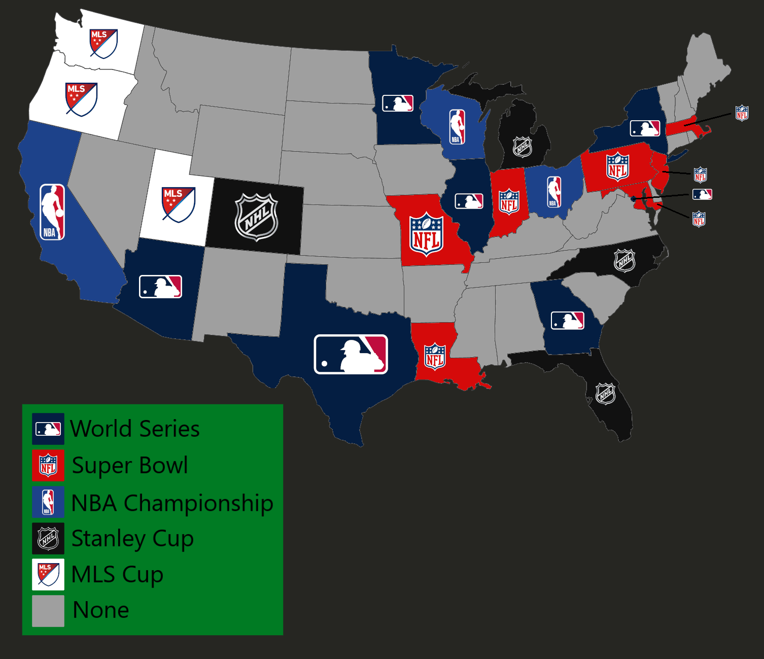 Most recent major league sports championship by US state r/MapPorn
