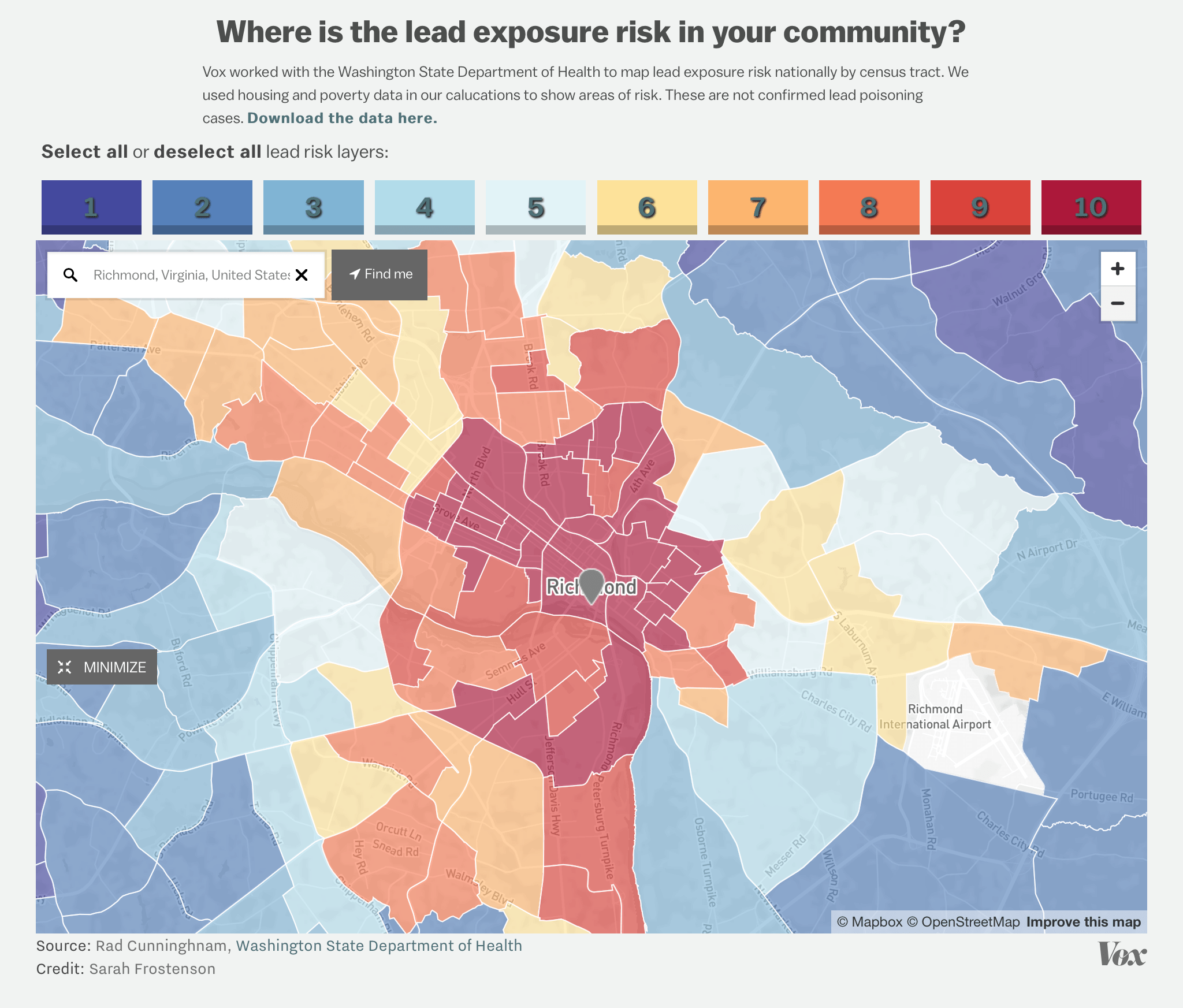 Lead exposure risk map of Richmond. Lots of opportunities here to