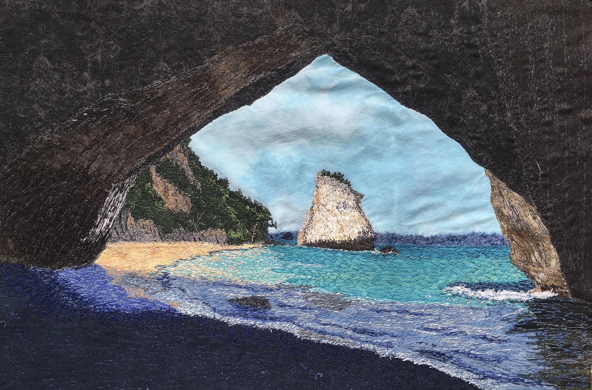Fabric not a photo !! Fabric collage with thread painted details of Cathedral Cove on the