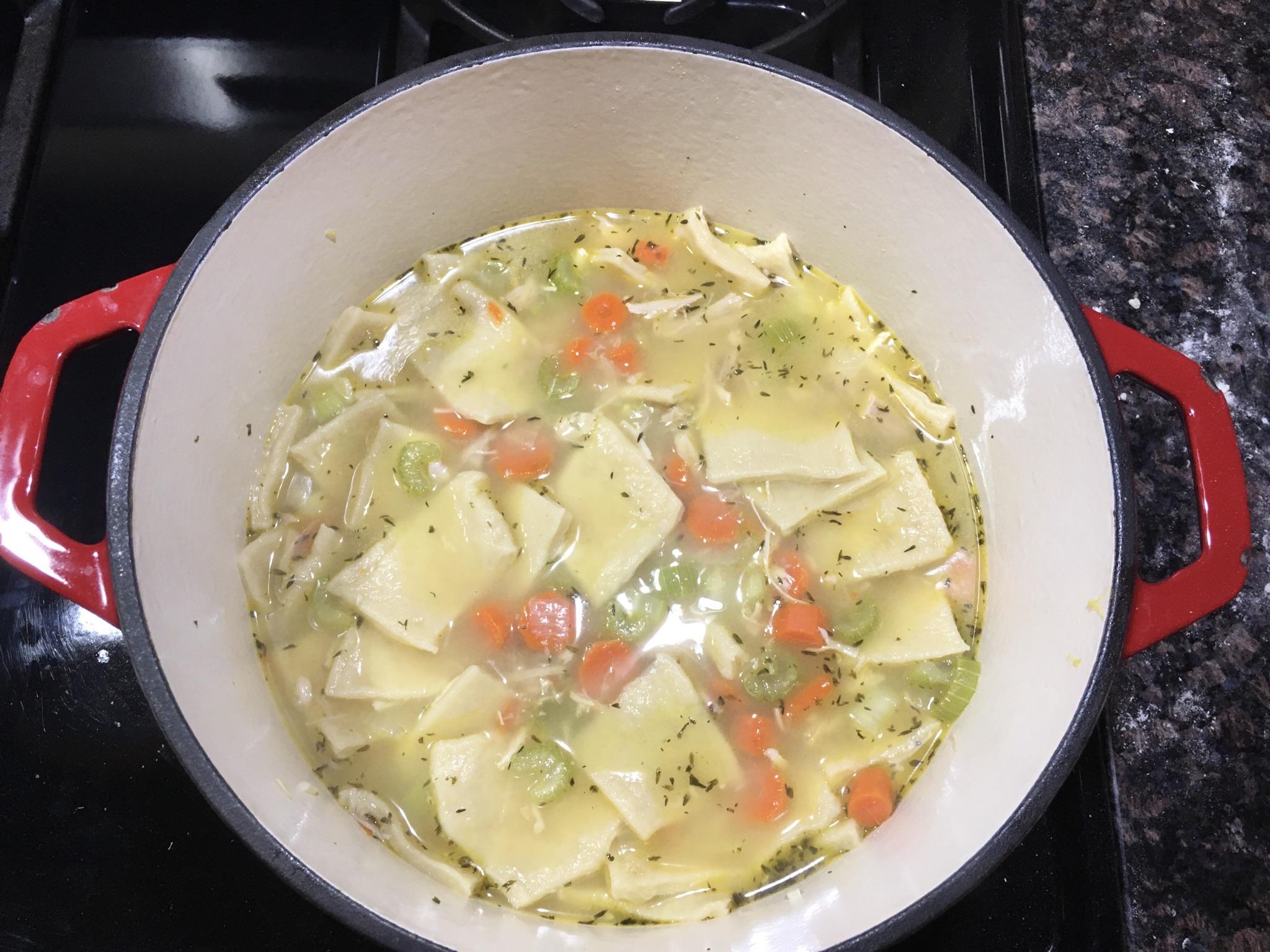 Chicken and pioneer dumplings in my 6qt enameled dutch oven. Recipe