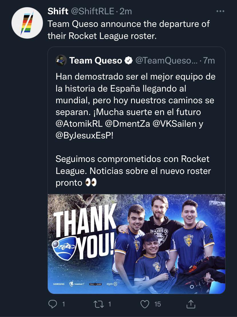 Team Queso announce the departure of their Rocket League roster. r