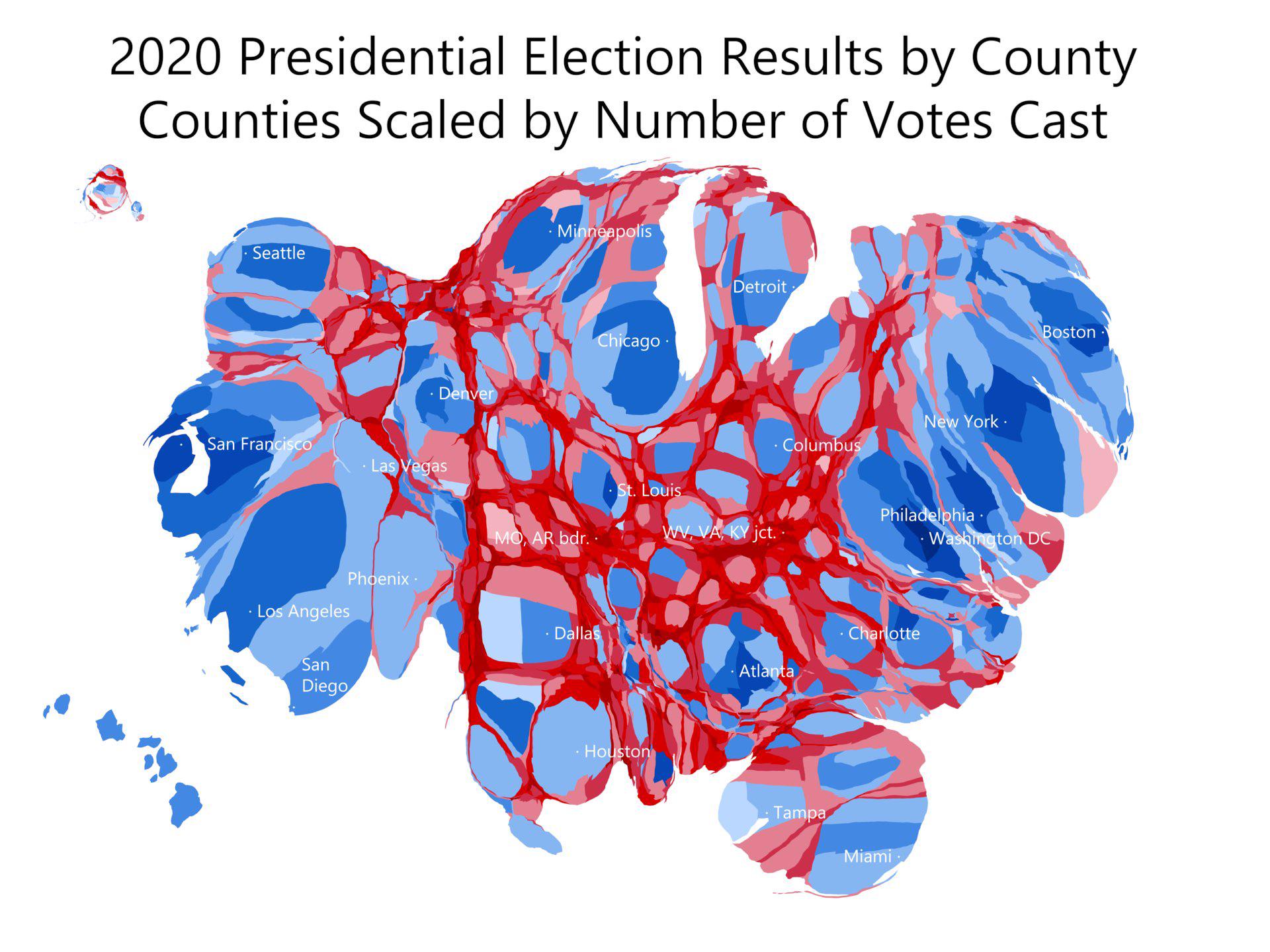 2020 Presidential Election Results by County, scaled by number of votes