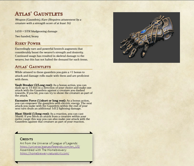 Atlas' Gauntlets, a rare magic weapon for D&D 5e r/DnDHomebrew