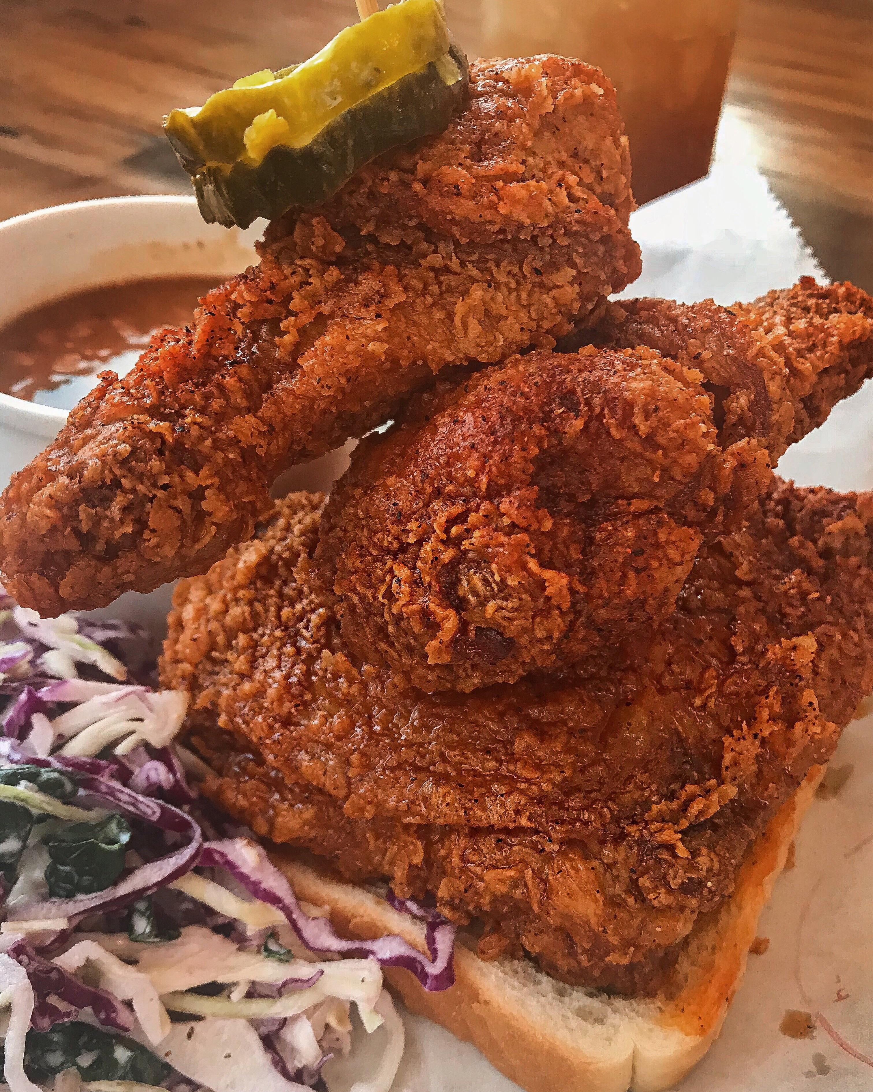 1/4 Nashville fried chicken from T22 on Rd. Spice level Mo Hot 🔥