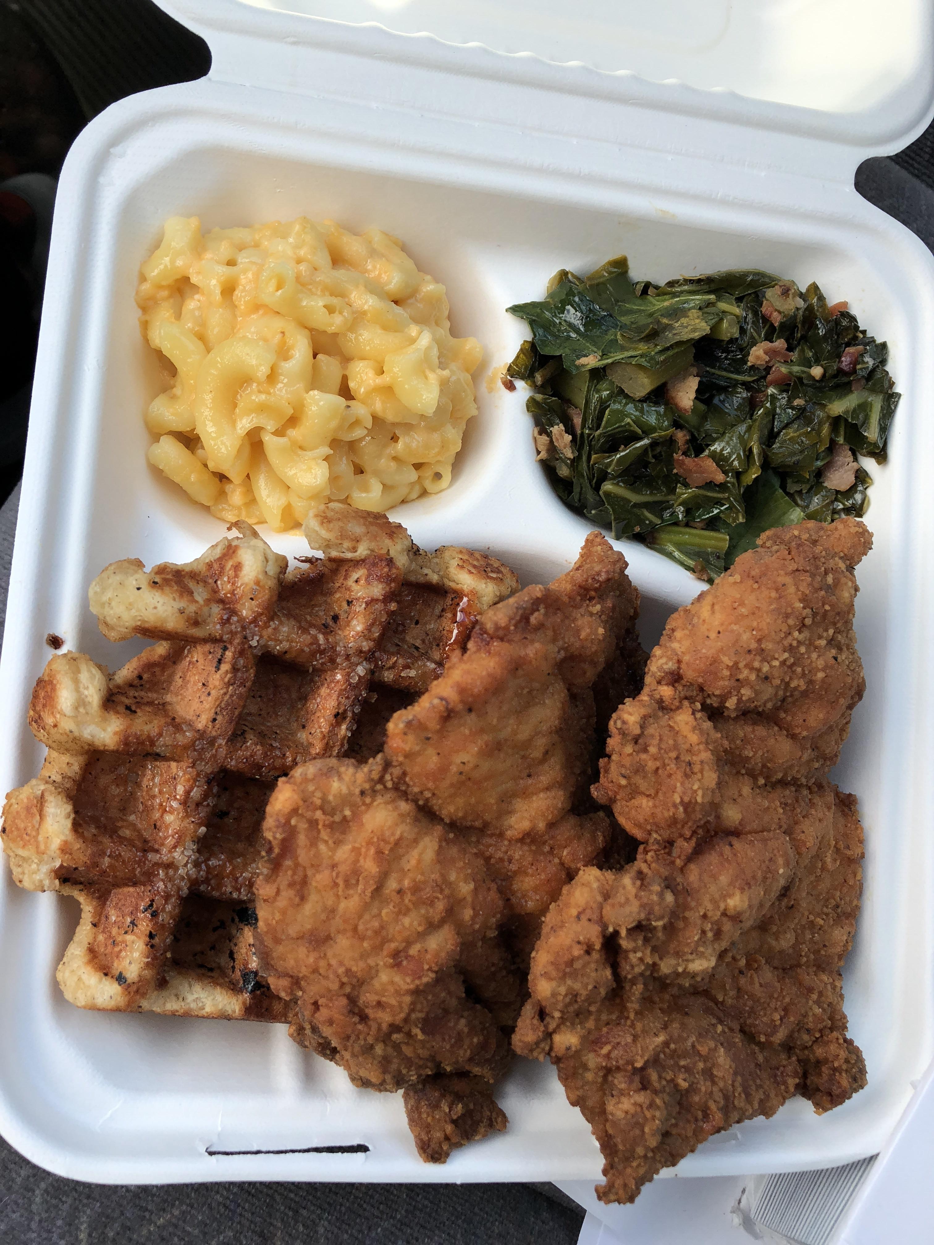[I Ate] Chicken and a waffle, mac and cheese, and collard greens. r/food