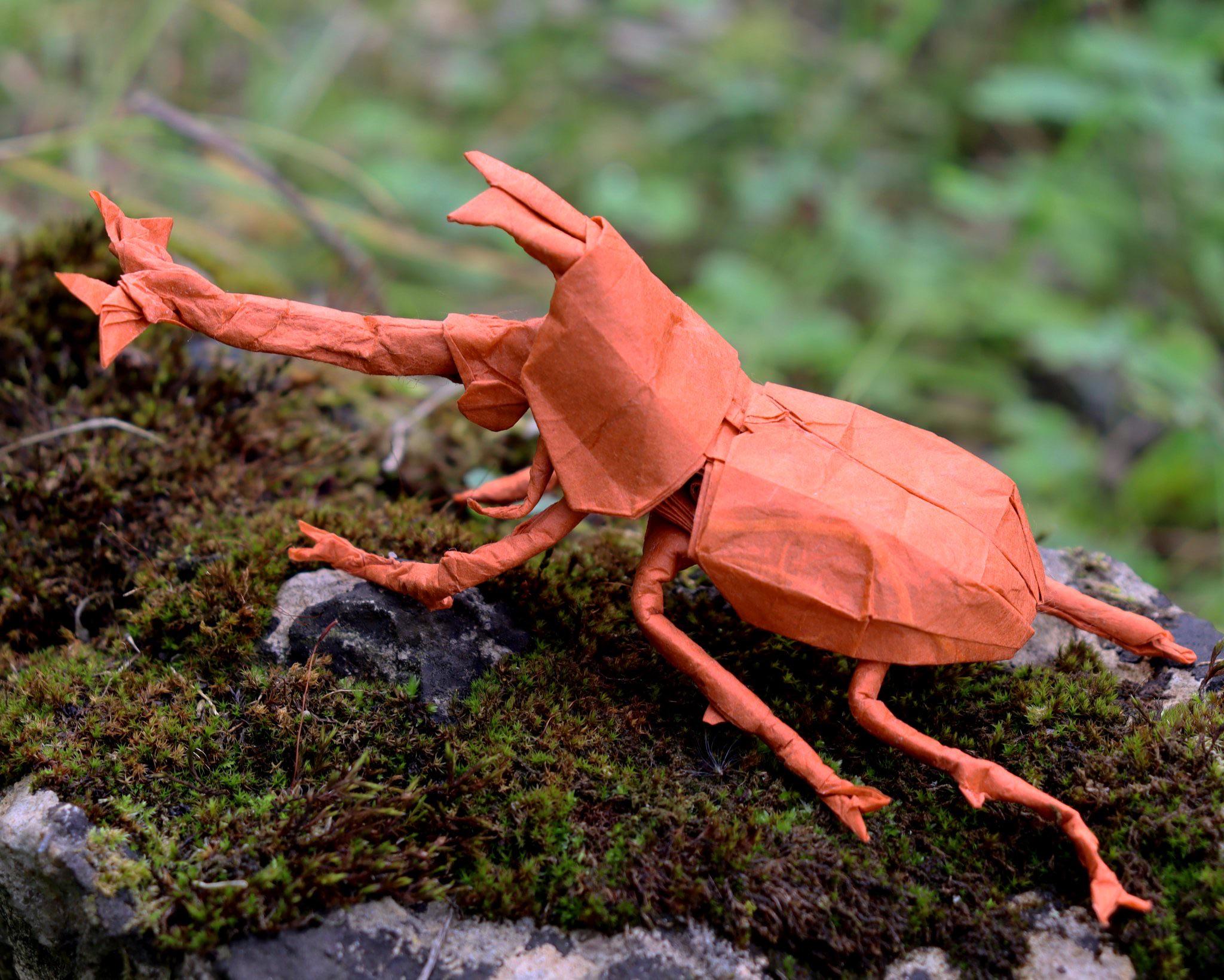 Samurai helmet beetle, designed and folded by me. 32 grid BP r/origami