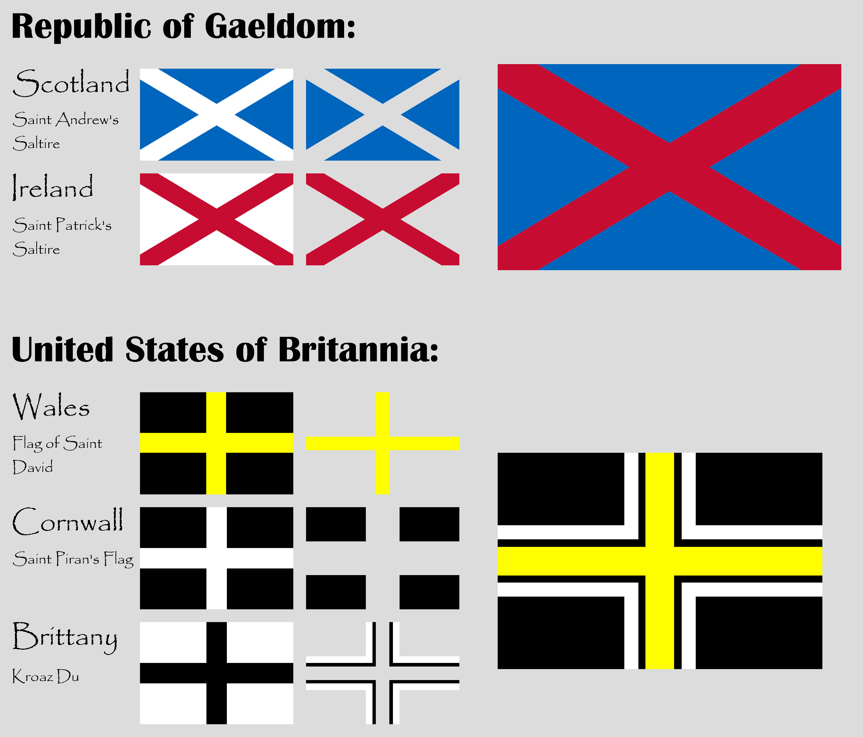 Briton and Gaelic union jacks (I didn't include Isle of Man because there is no cross