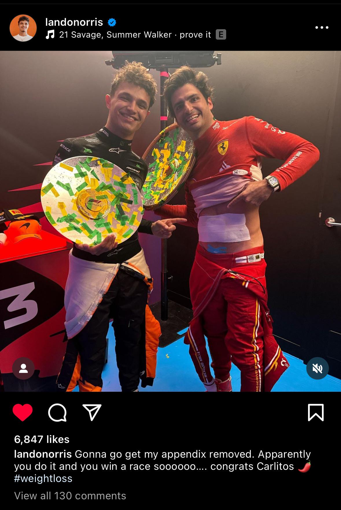 [Lando Norris via IG] Gonna go get my appendix removed. Apparently you