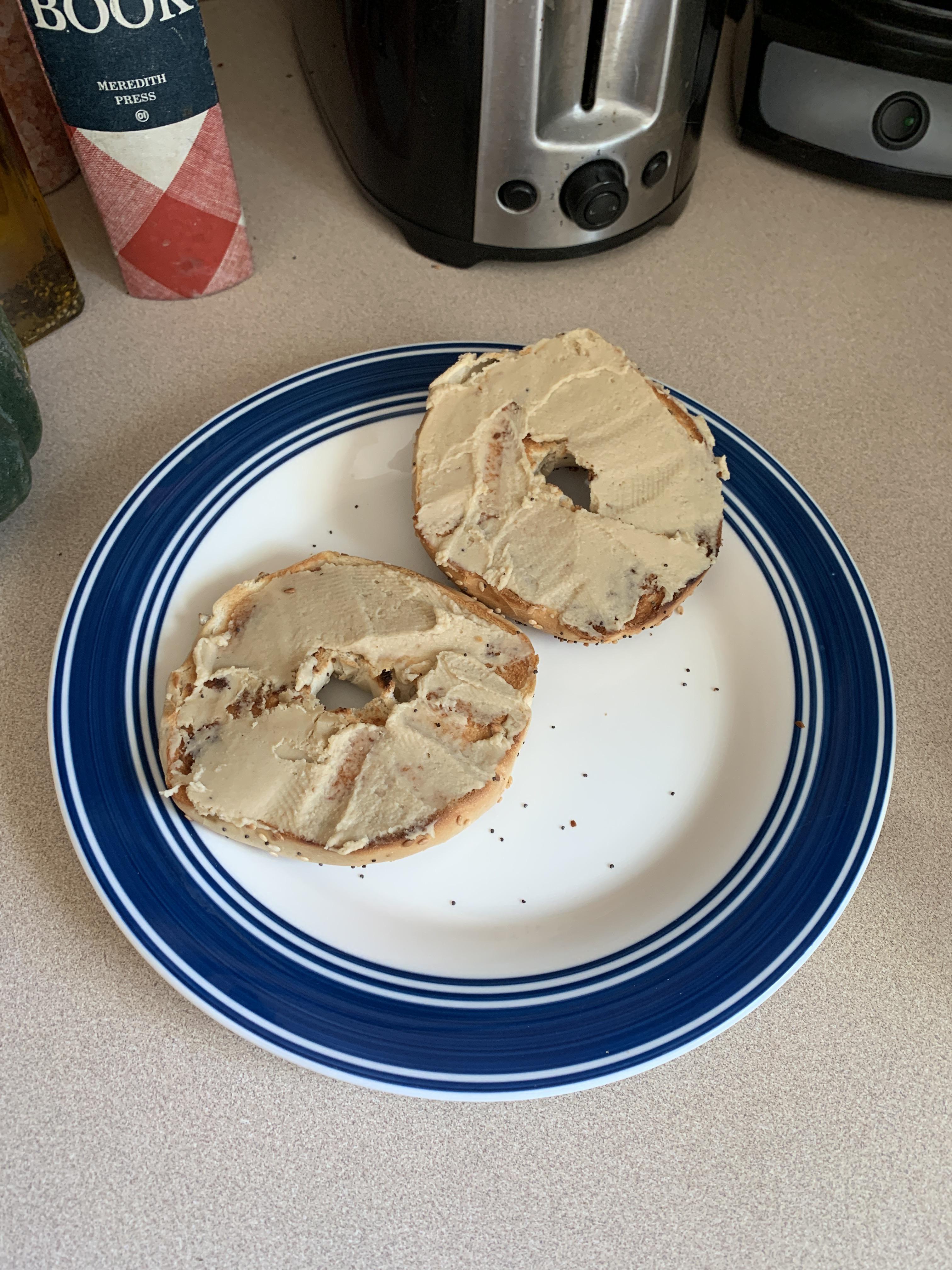 Toasted everything bagel with expired garlic hummus instead of earth