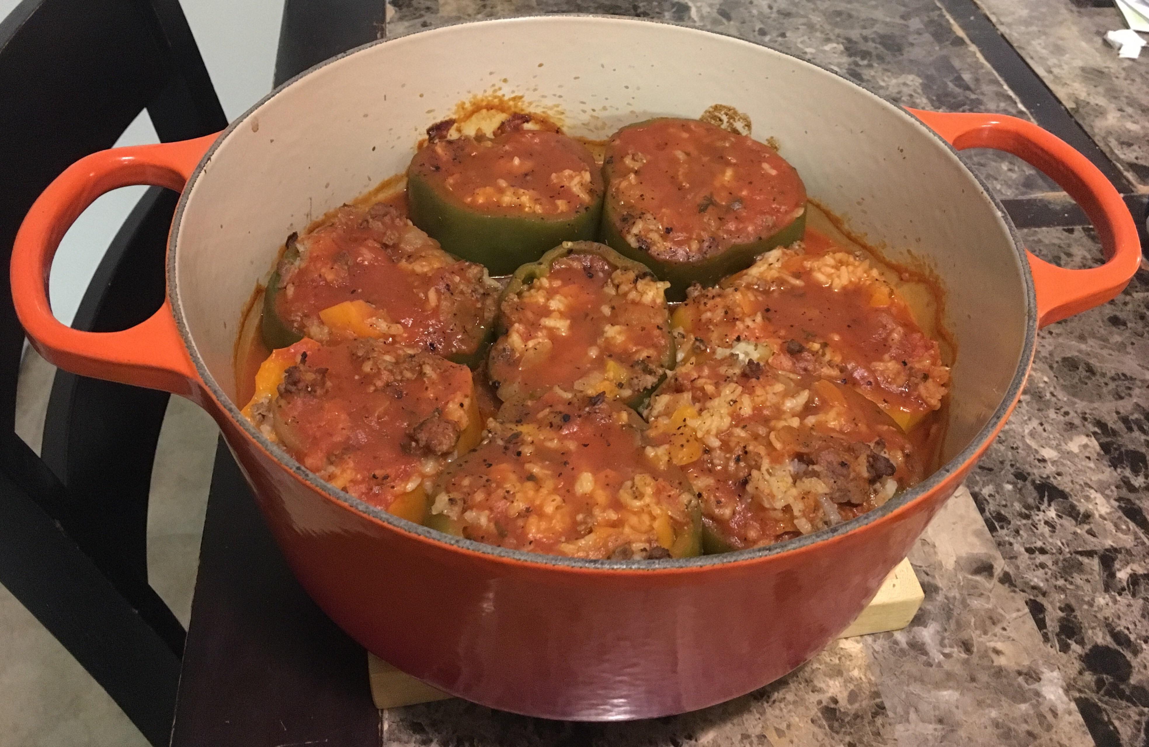 Made stuffed bell peppers in my Dutch oven, turned out great! r/castiron