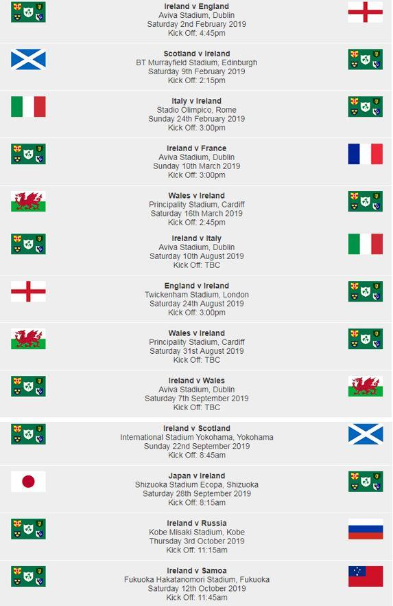 Ireland 2019 fixtures rugbyunion