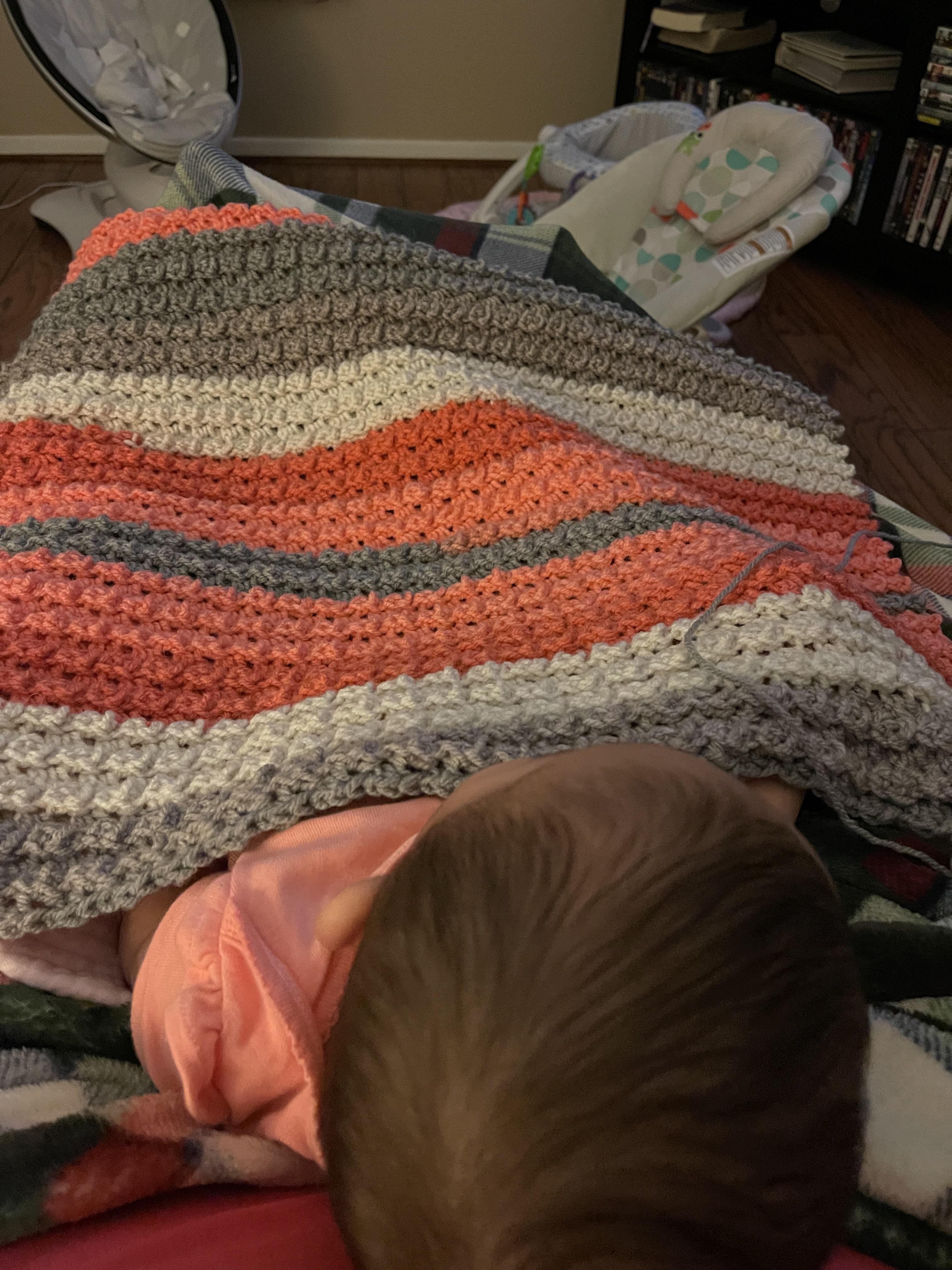 My current WIP. A baby blanket for my daughter with her as my helper. 🥰