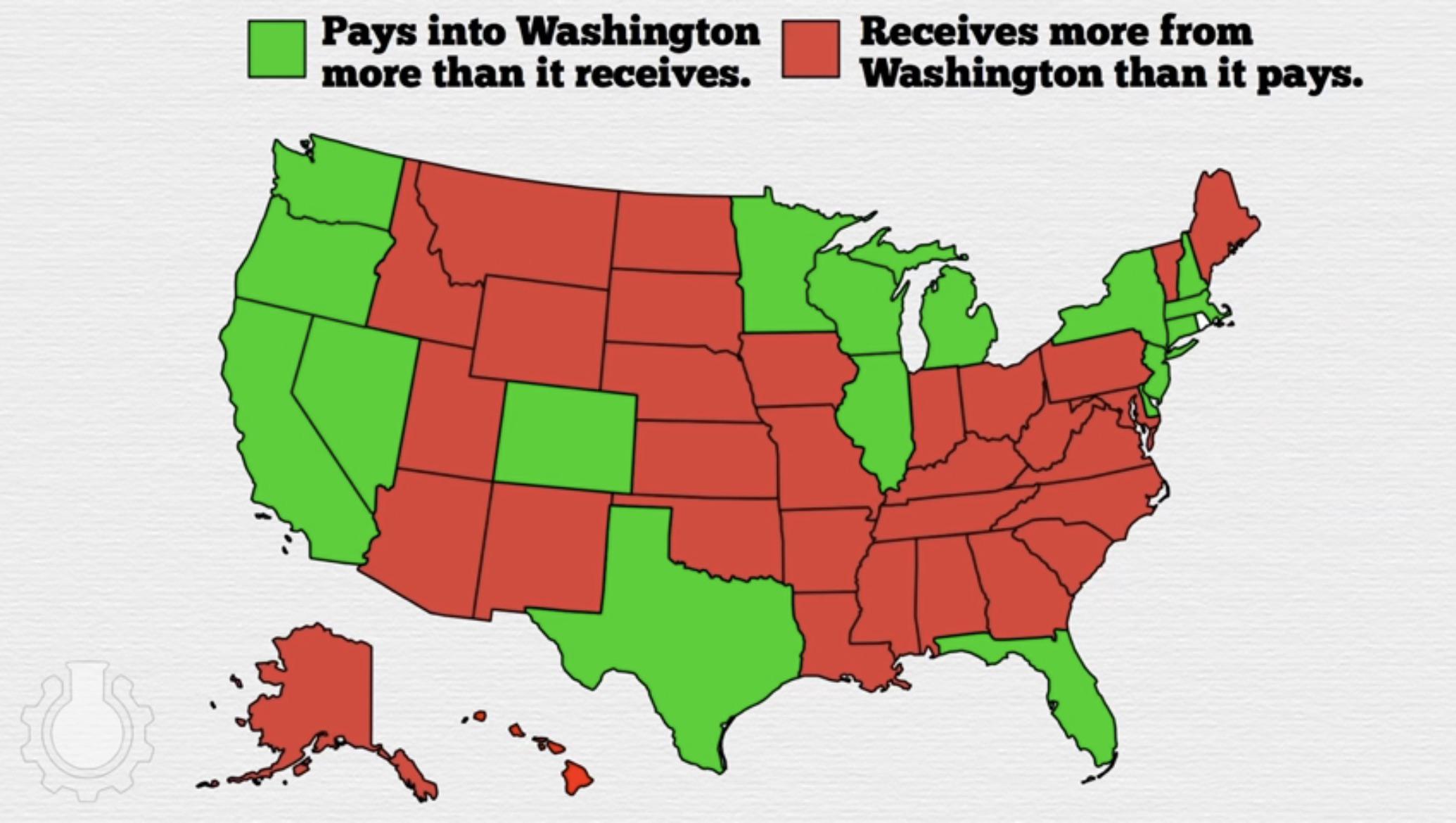 Map of the US states that pays more tax than what they receive from the