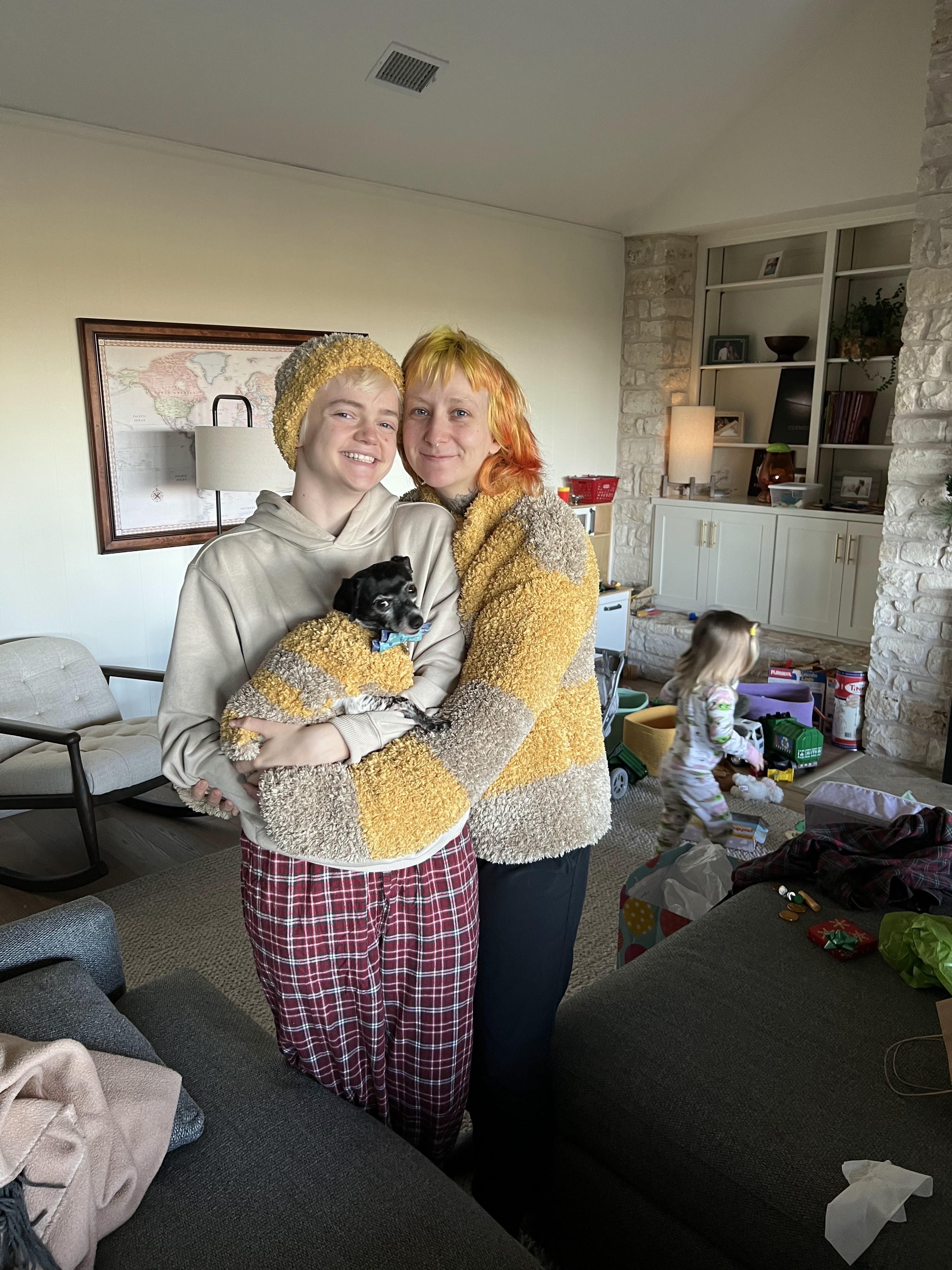 I knit my partner and their dog matching sweaters for christmas. also