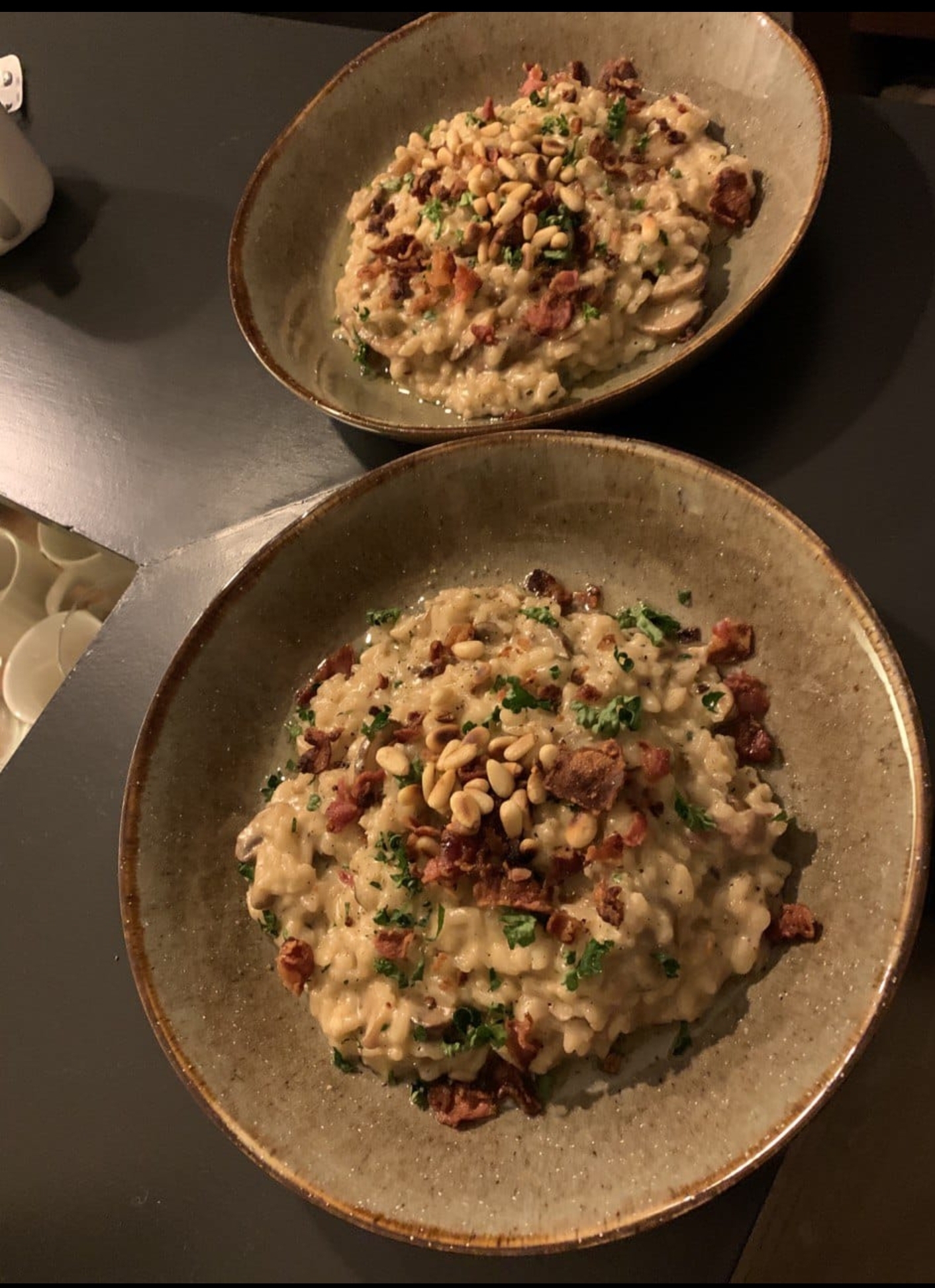 [Homemade] Creamy mushroom risotto, with crispy bacon bits, pancetta