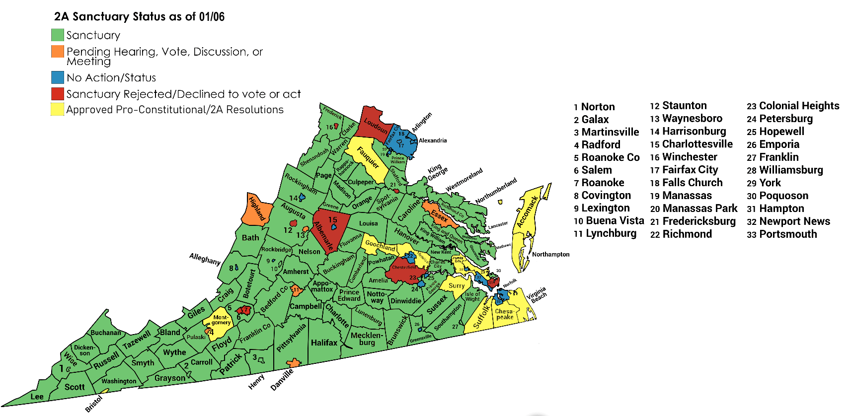 Virginia 2A Sanctuary Status as of 01/06 VAGuns