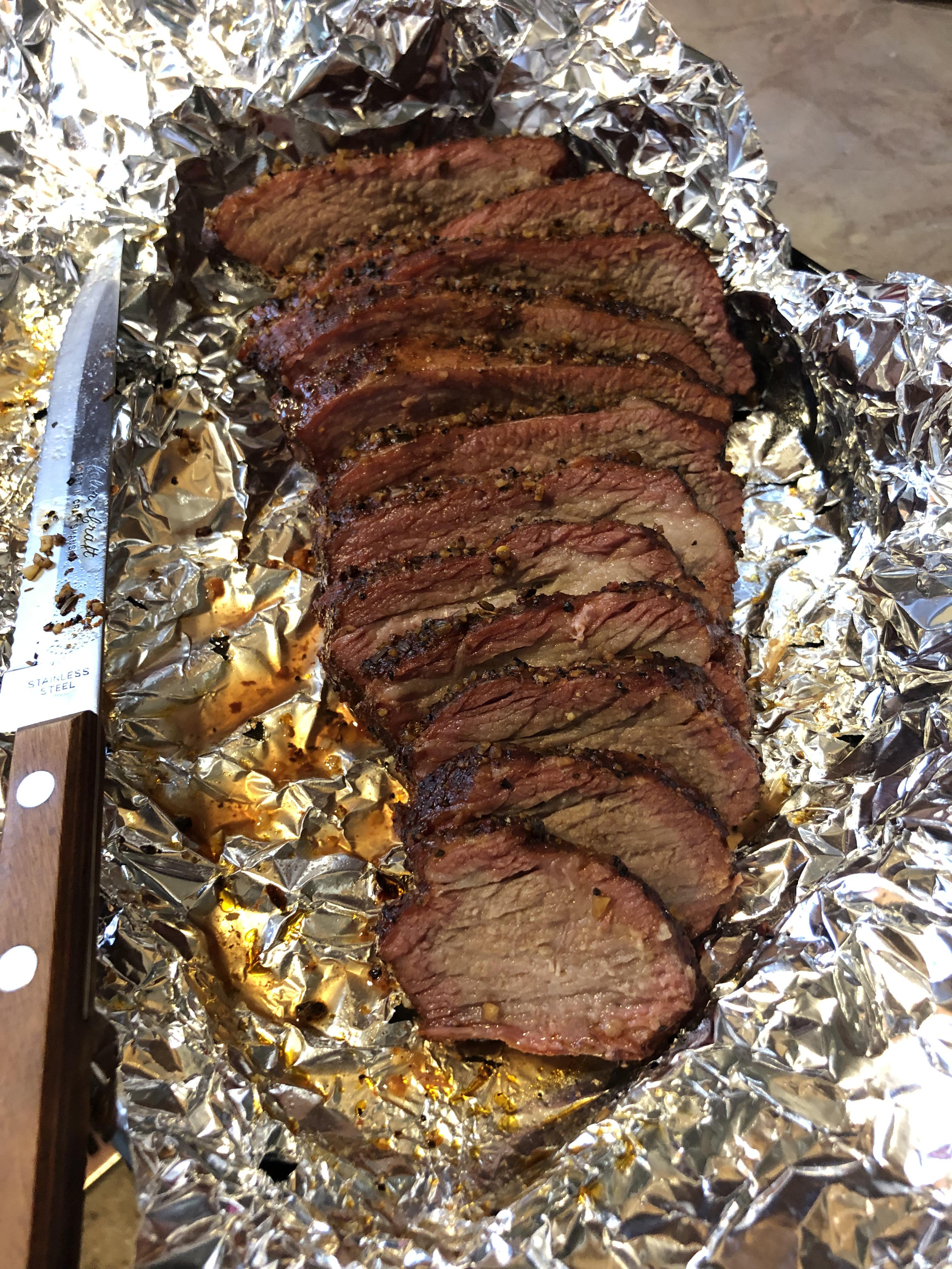 Preseasoned Costco tri tip. Done on the pellet smoker for about 2