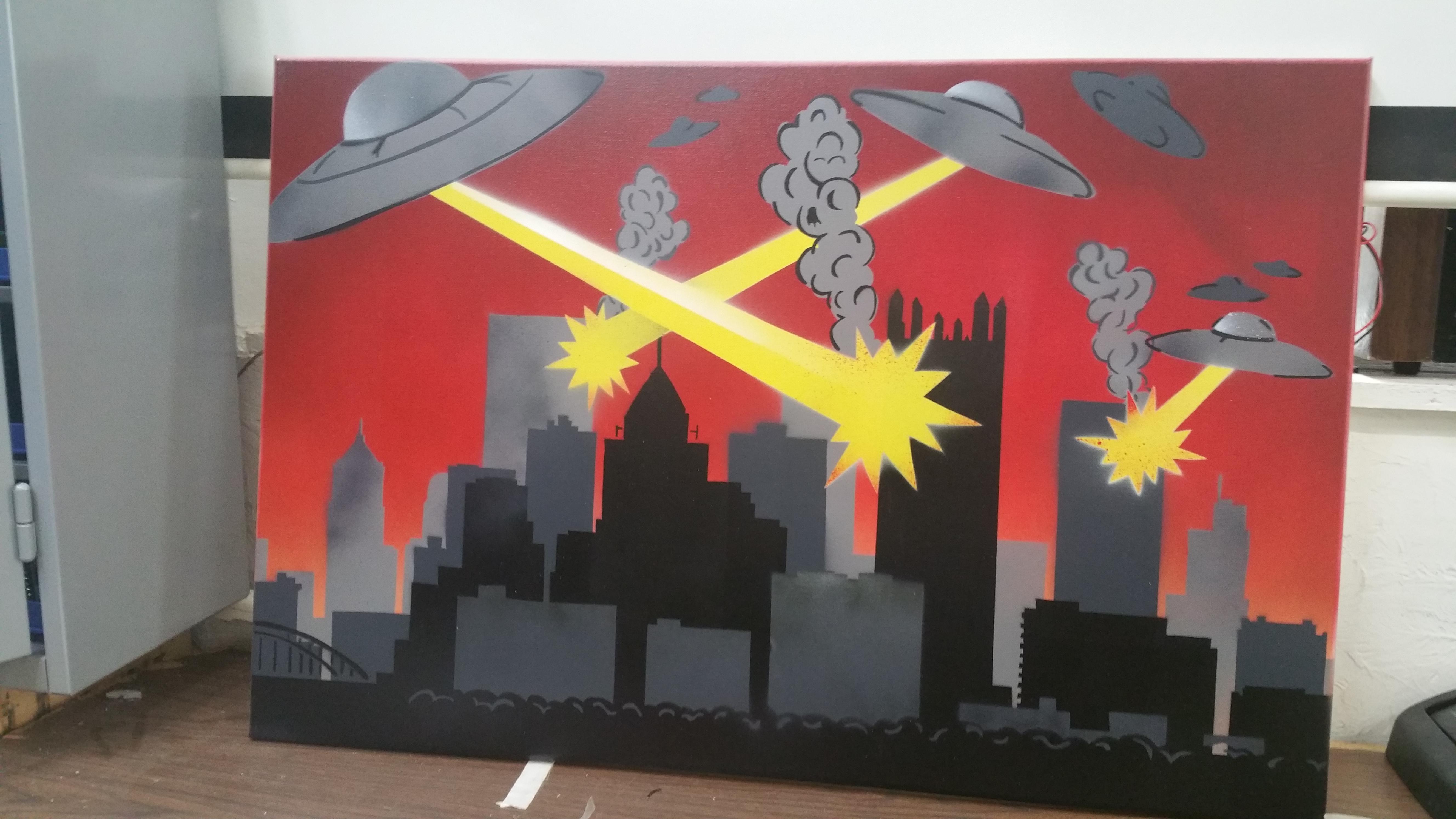 Spray paint on canvas. Currently hanging at HackPGH r/pittsburgh