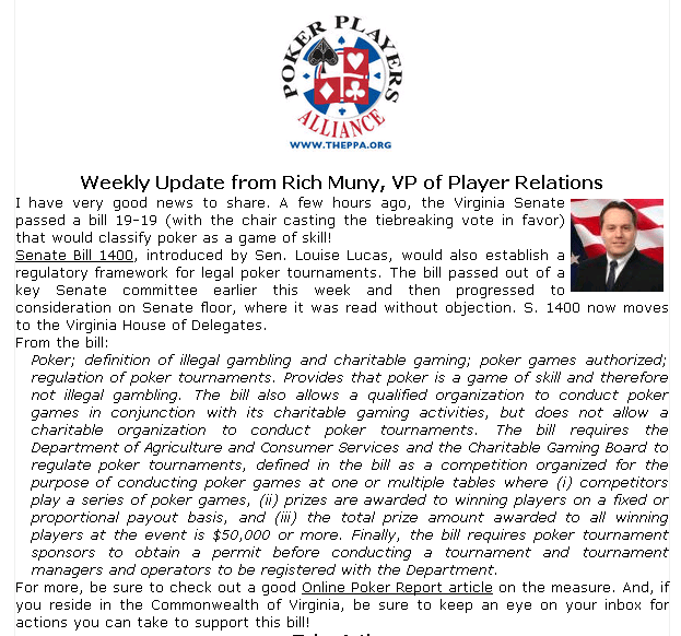 Virginia Senate Passes a Bill Recognizing Poker as a Skill Game poker