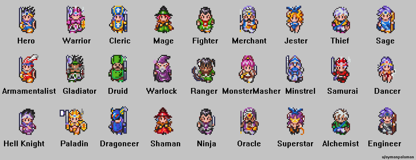 Recolored and reworked some sprites from DQ3 SNES for "new vocations