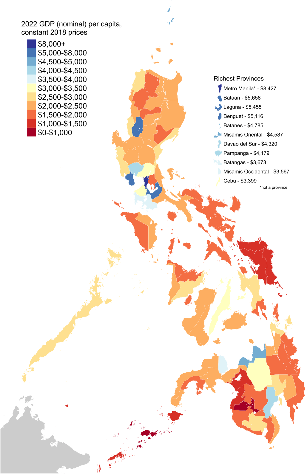 Philippine Provinces by GDP per capita, 2022 r/MapPorn