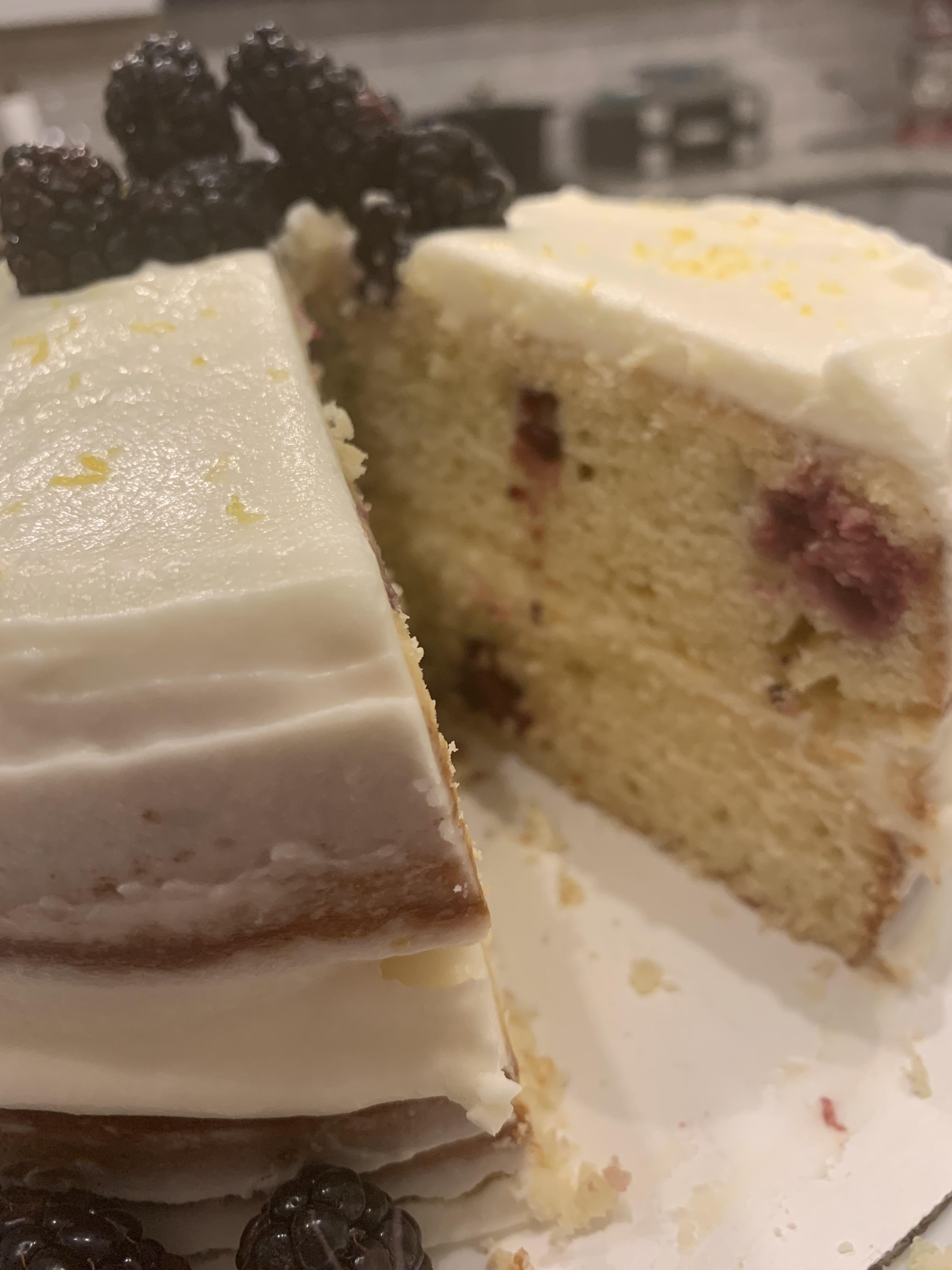 [homemade] lemonblackberry cake with lemon cream cheese frosting 🍋