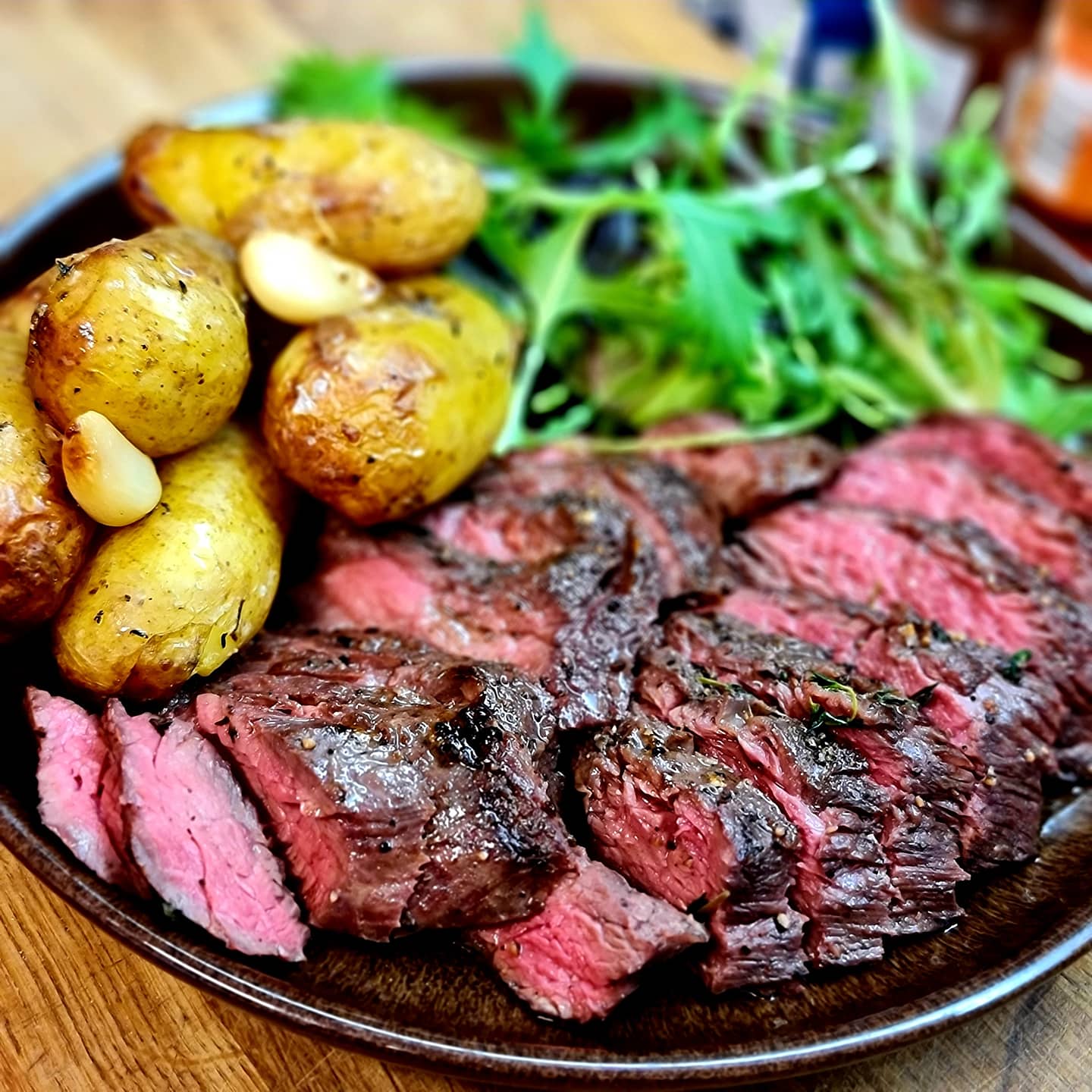 Bavette steak garlic, butter and thyme sauce, with baby roast potatoes