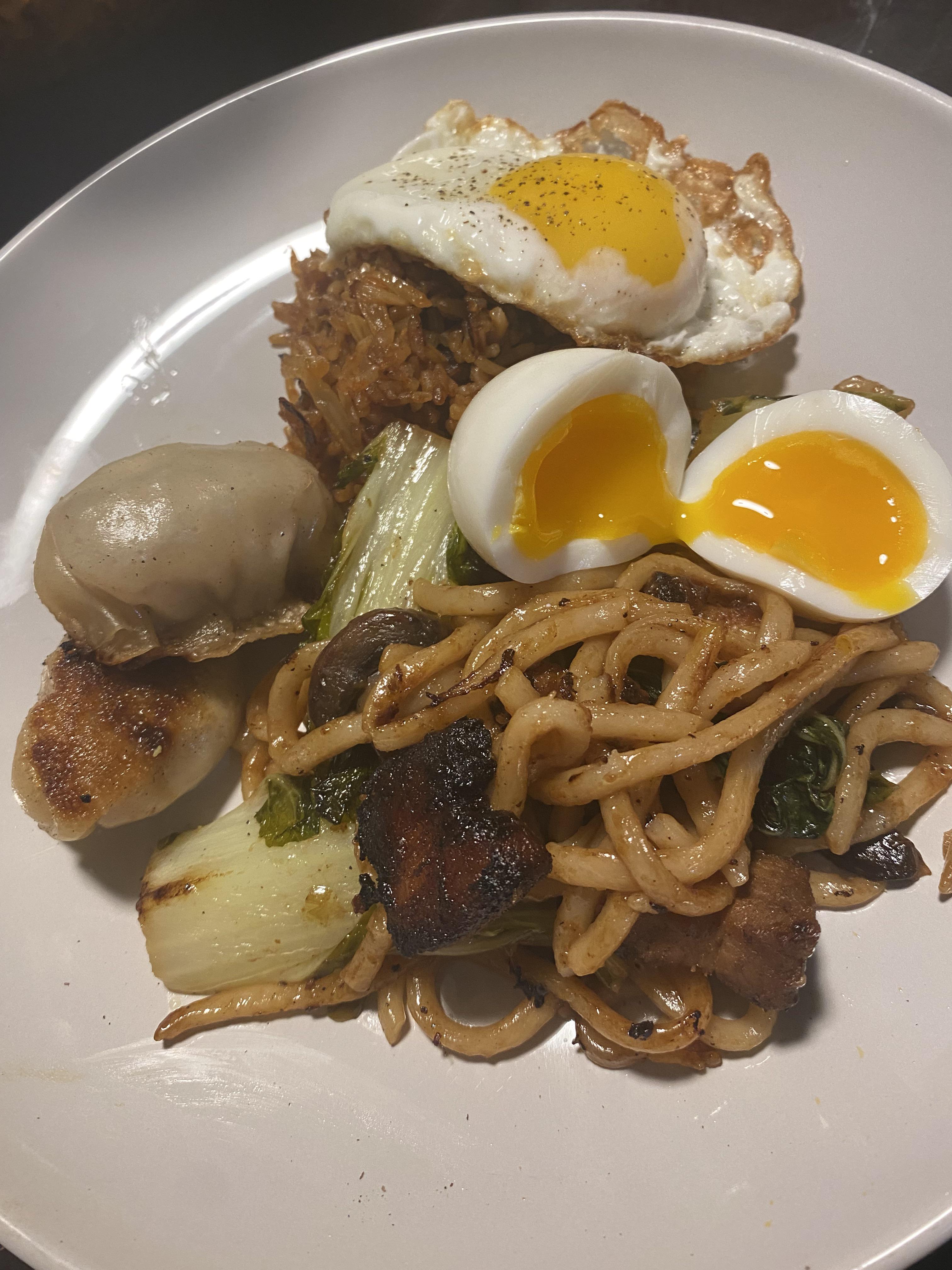 [homemade] pork belly and bok choy udon noodles, kimchi fried rice and pork and cabbage