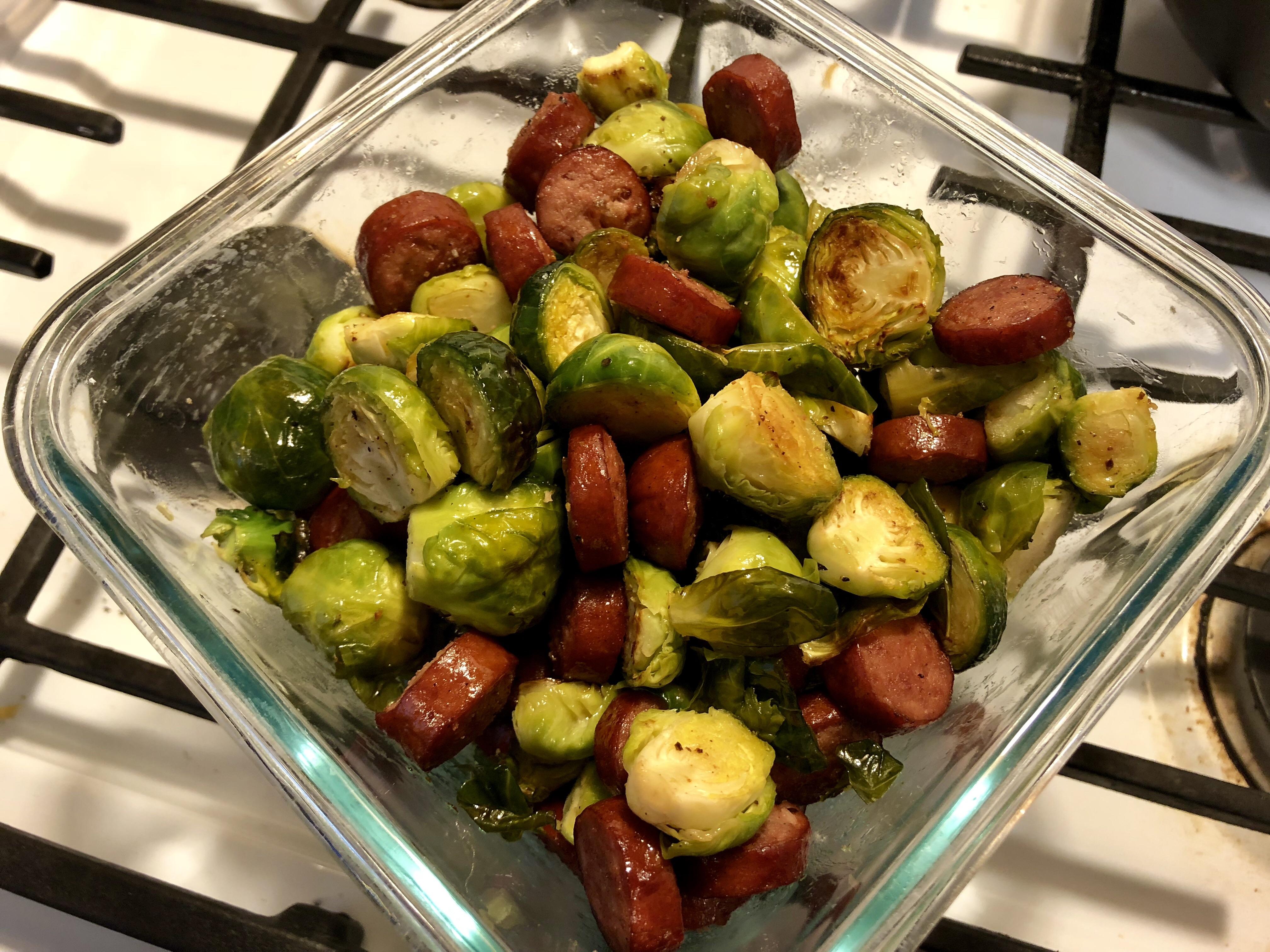 Baked Sausage and Brussel Sprouts Also need suggestions for a sauce