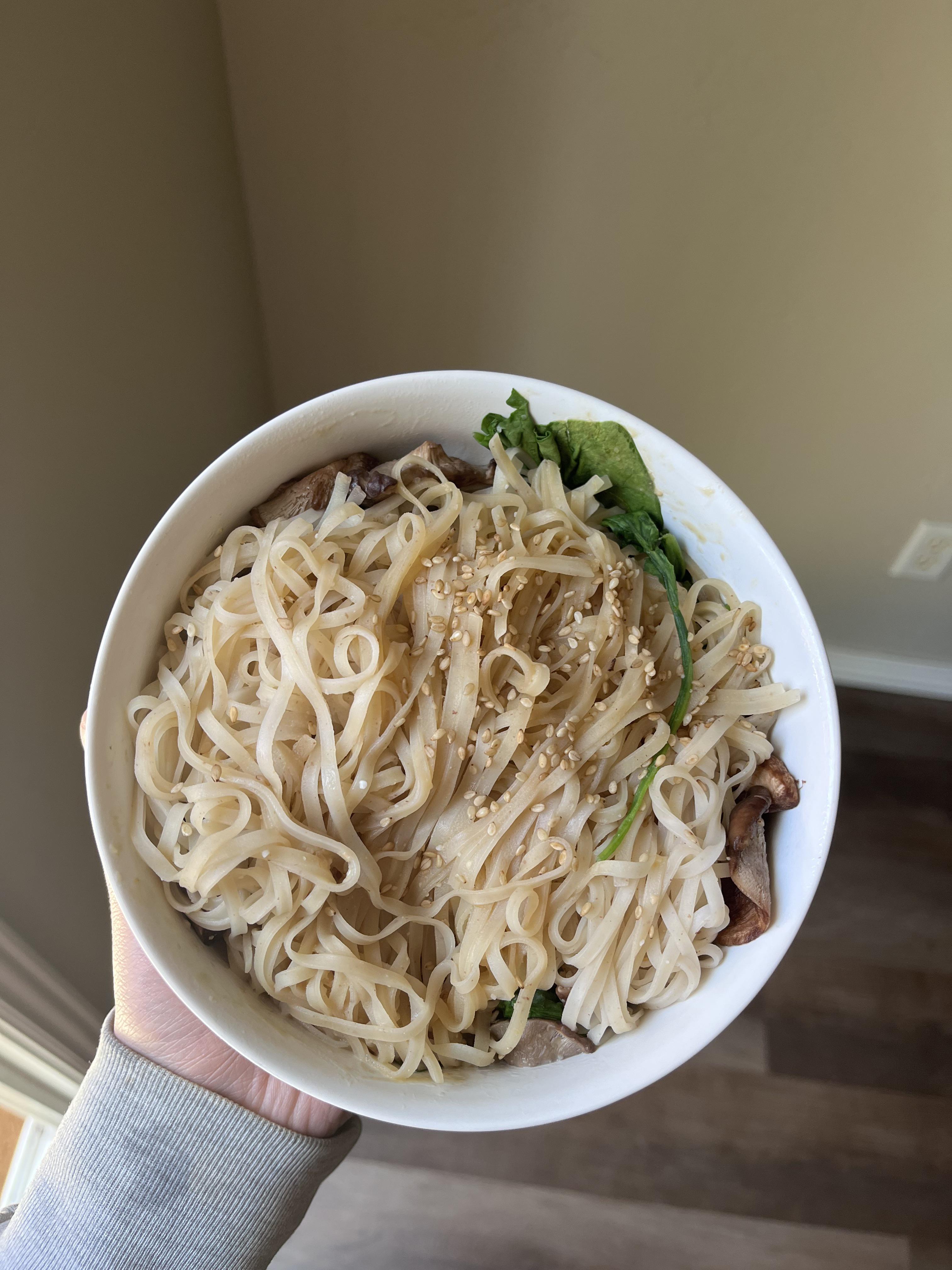 Brown rice noodles, spinach, shiitake mushrooms, miso paste, coconut