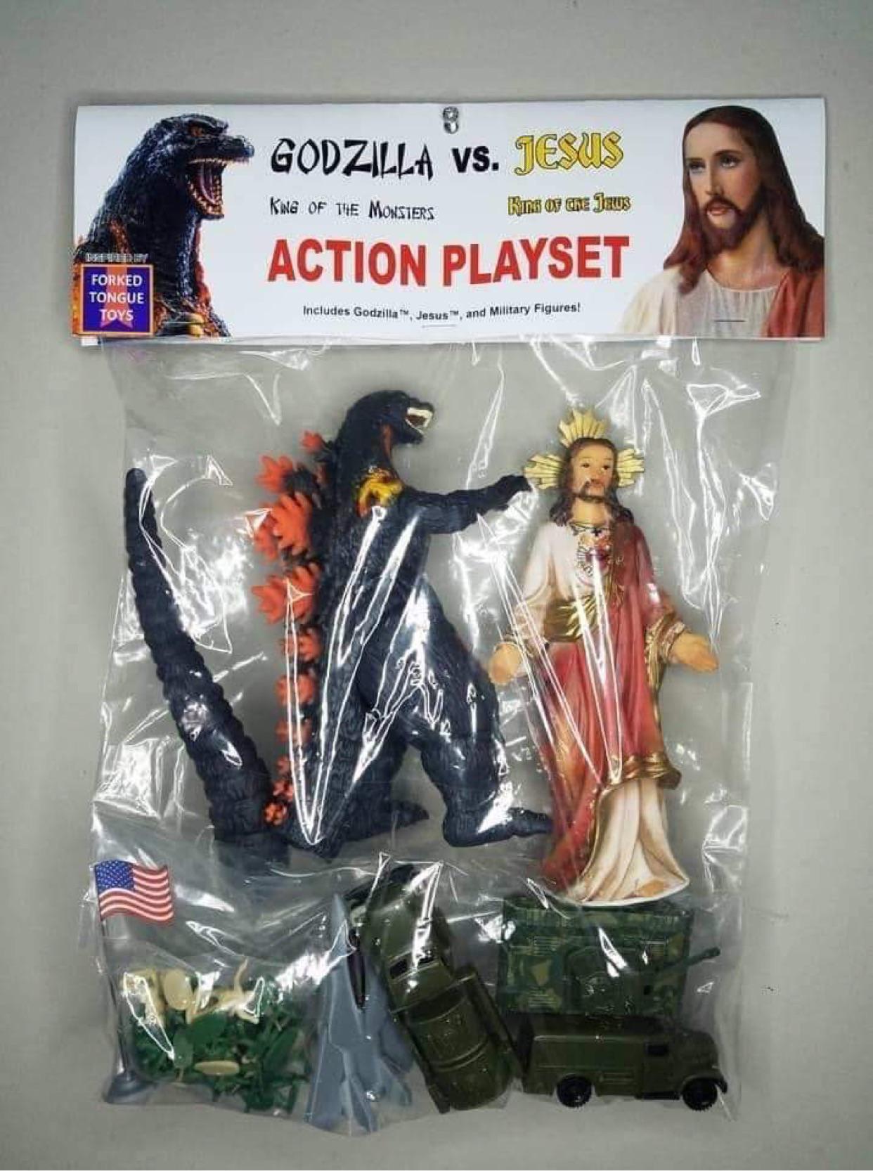 Godzilla vs. Jesus Action Playset — spotted by my brother in the