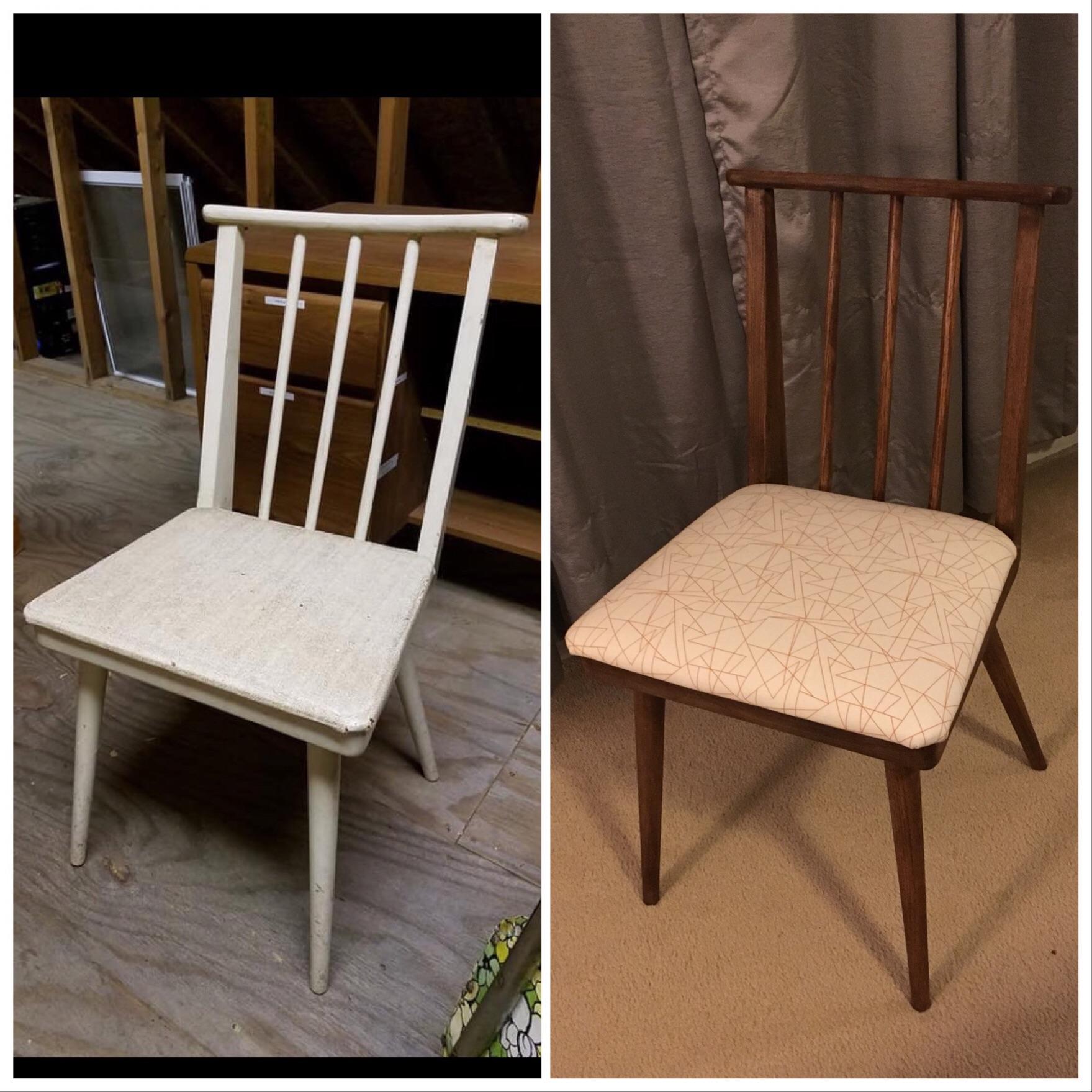 Stripped, stained, and reupholstered this chair to go with my desk