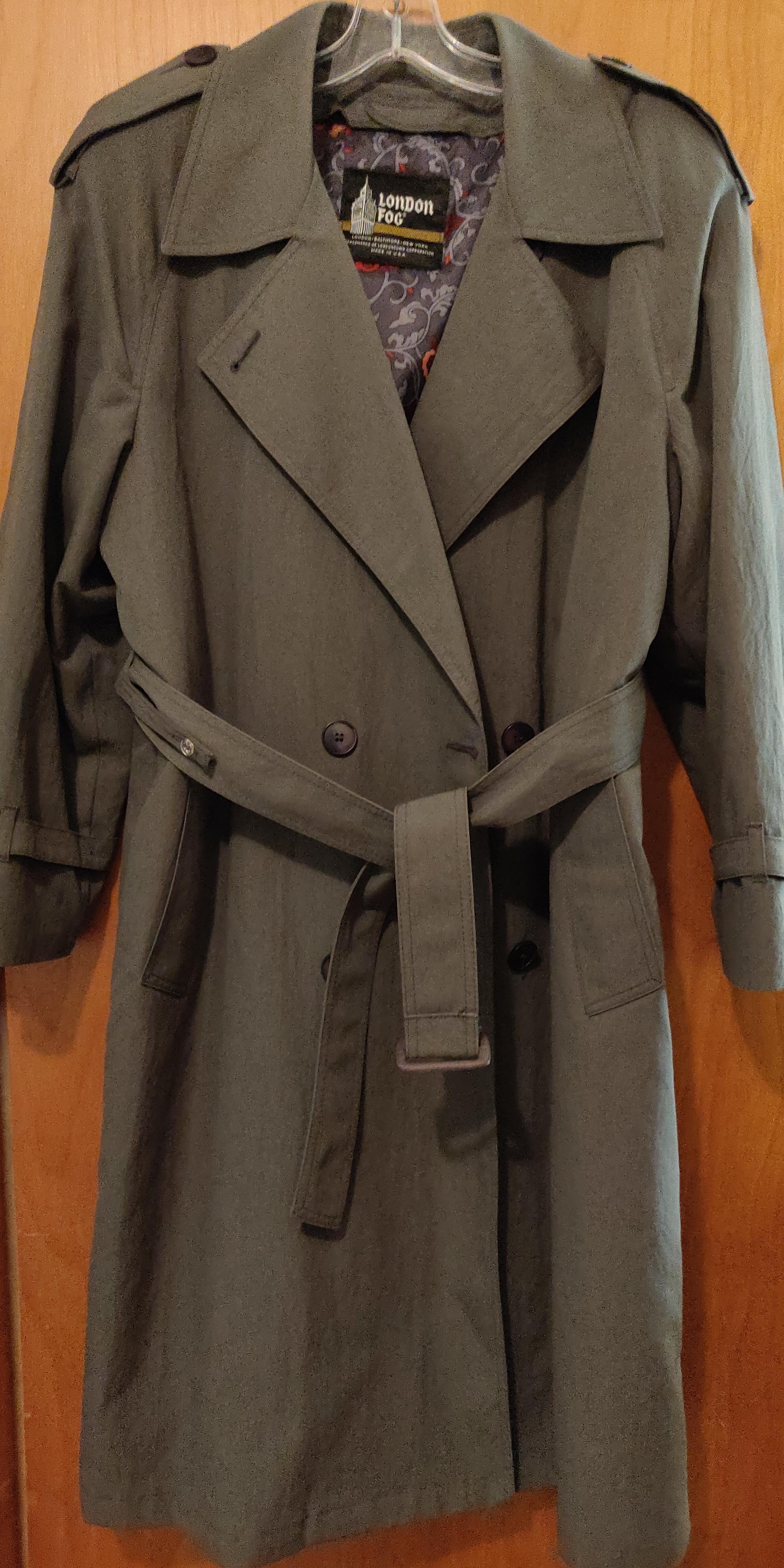 London Fog trench coat, heavy with really pretty zipout lining. Looks