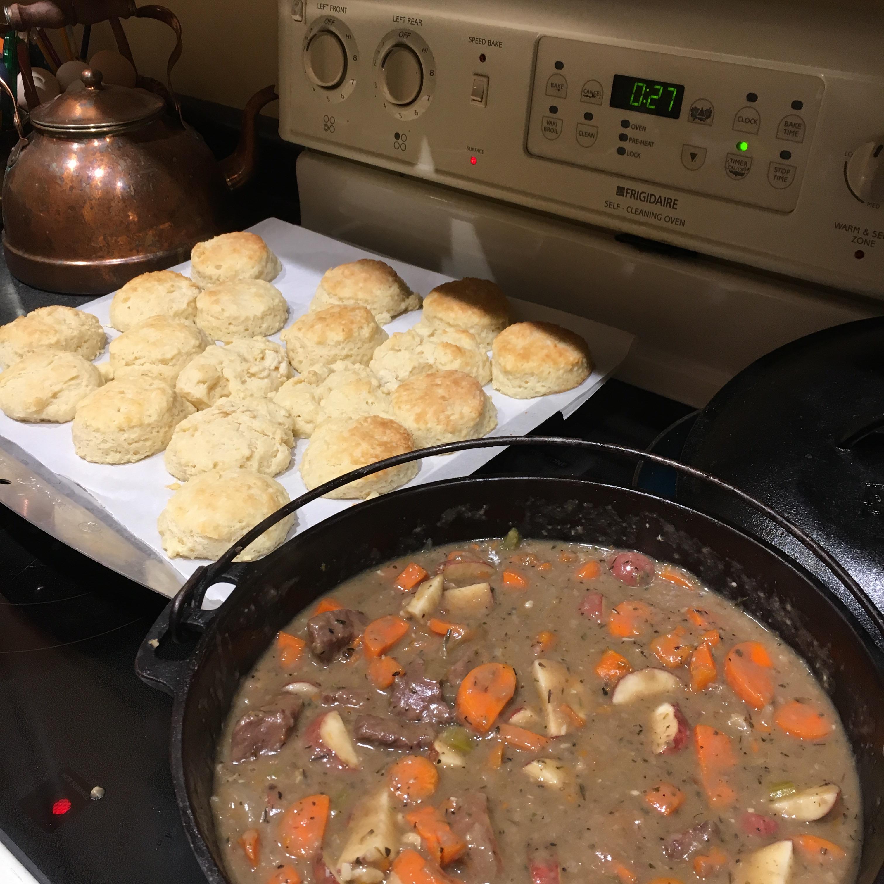 Beef stew made in cast iron pot given to us by my father in law and biscuits (both from scratch