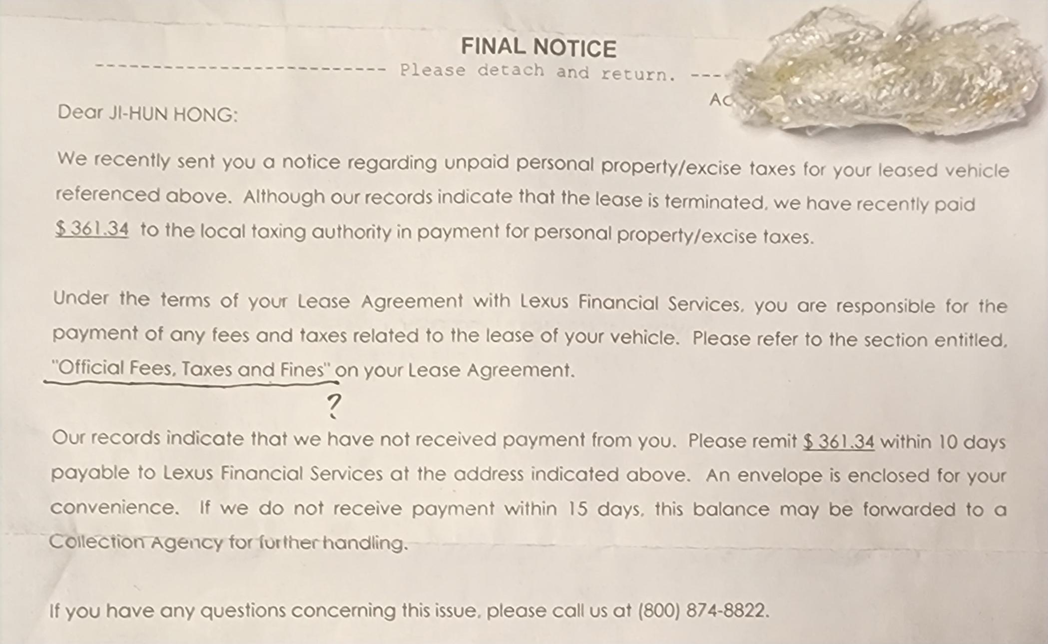 The leased Buy out Lexus property tax r/Lexus