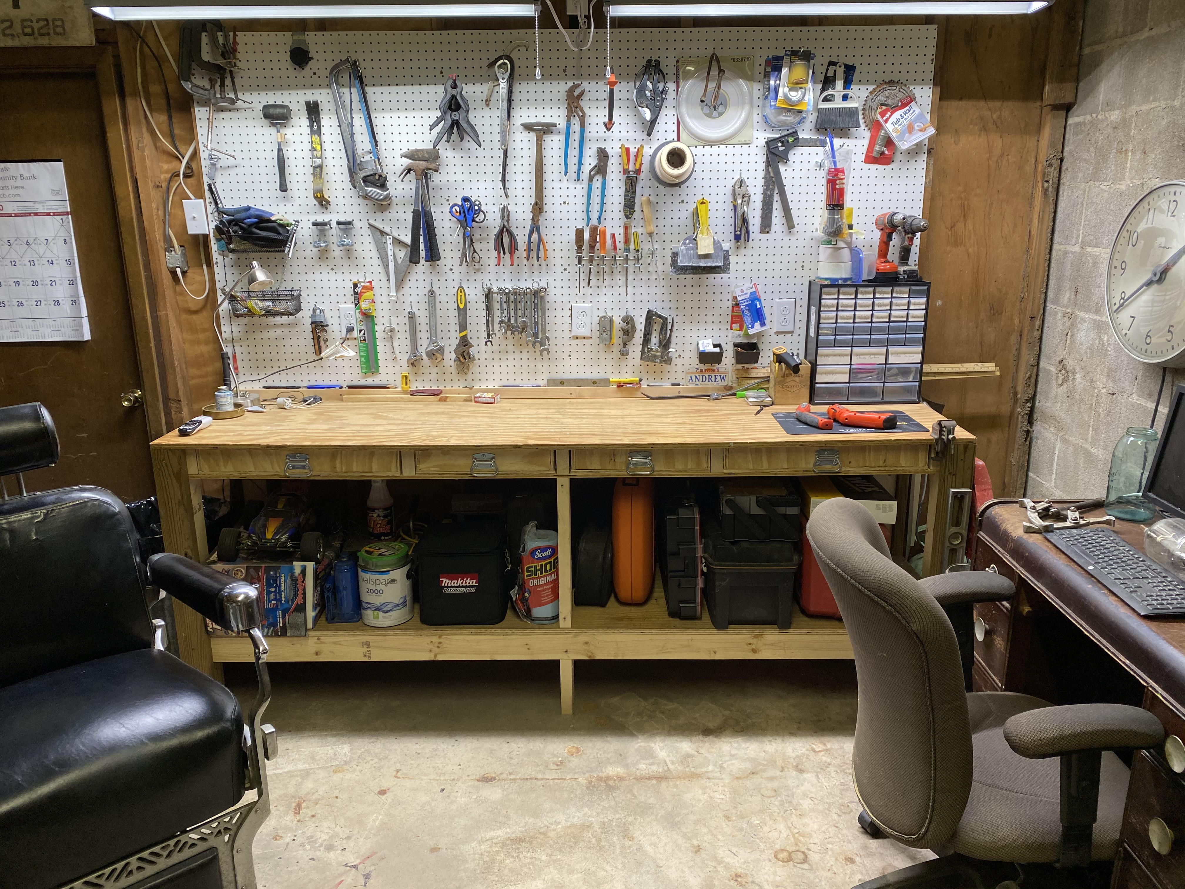 My workbench and shop with Barber chair r/Workbenches