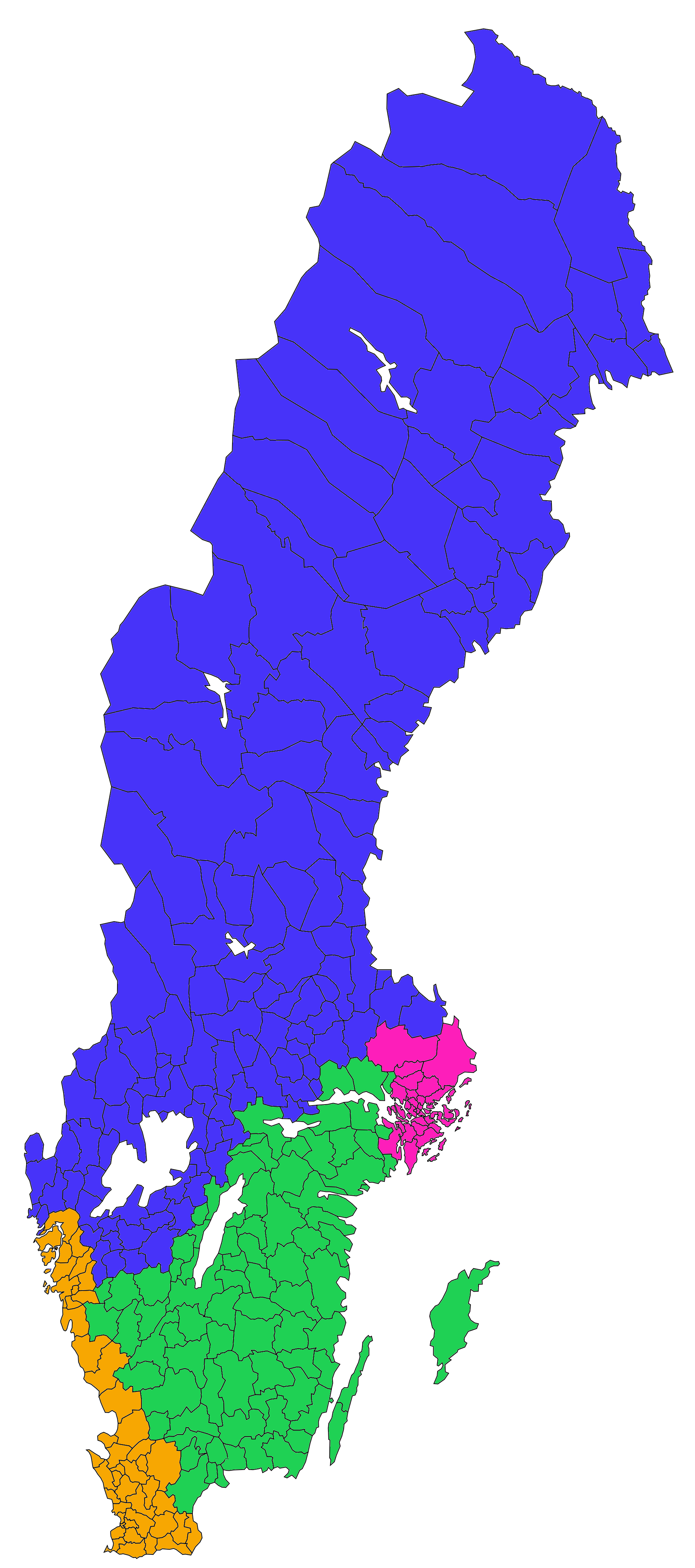 The population of Sweden divided into four areas (2.5 million each
