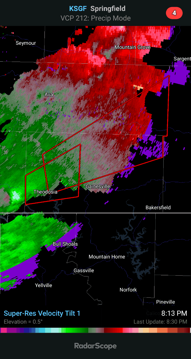 Observed Tornado Warning including Gentryville MO, Dora MO, Thornfield