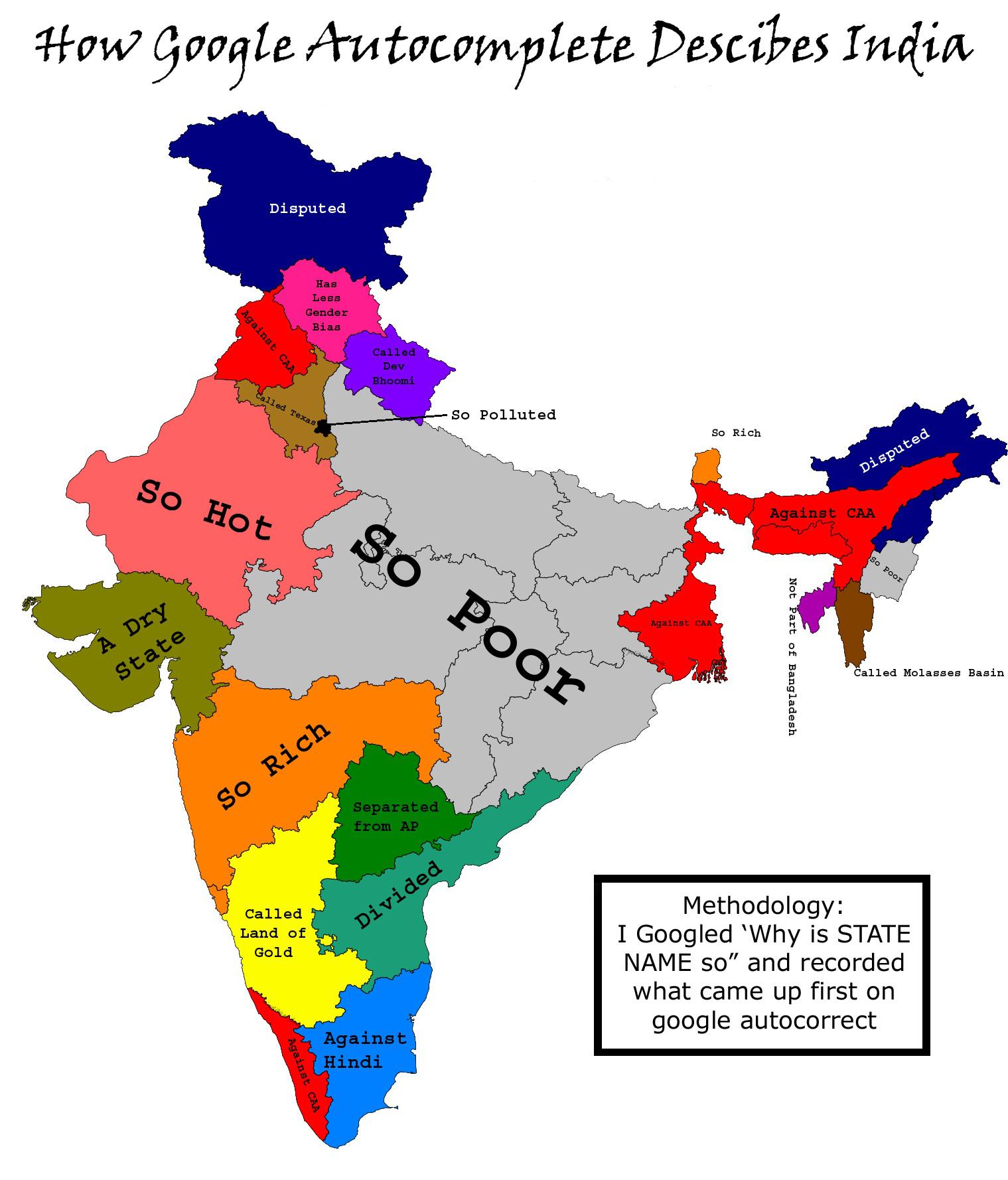 A Google Autocomplete Map Of India How Google Describes India [OC] Reupload with better