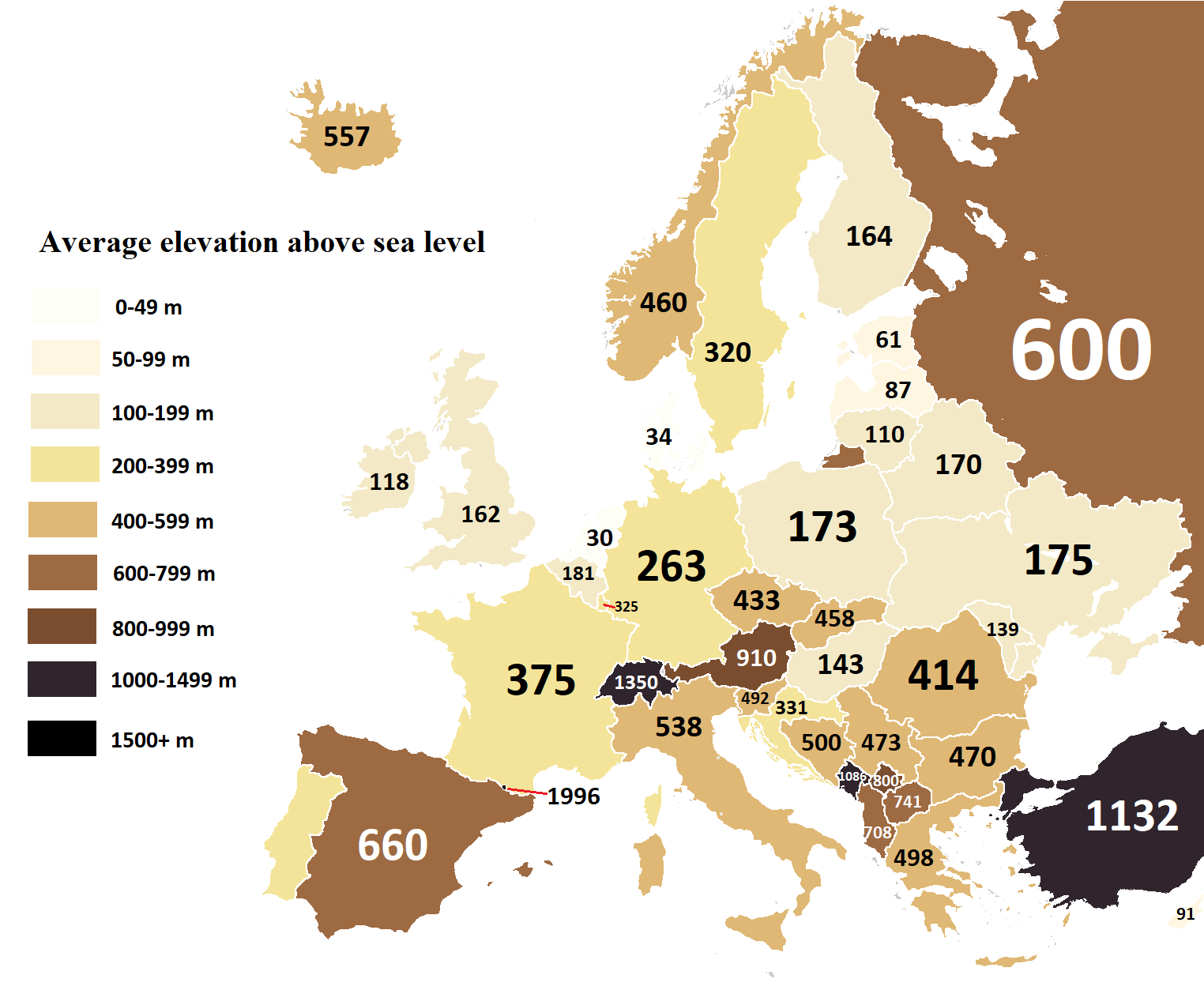 Average elevation above sea level of European countries [OC] r/MapPorn