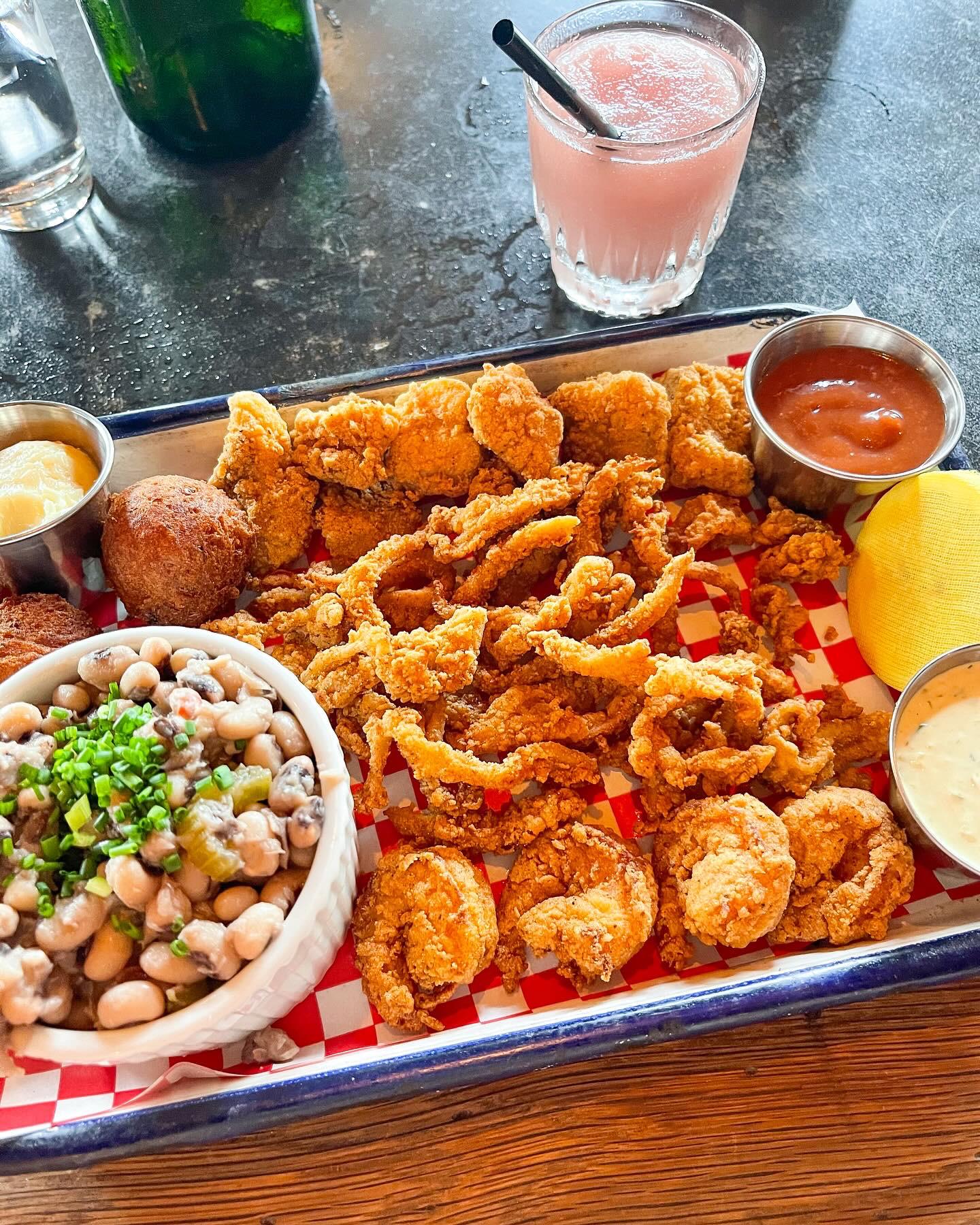 [i ate] fried catfish, clam strips, shrimp and hushpuppies with black