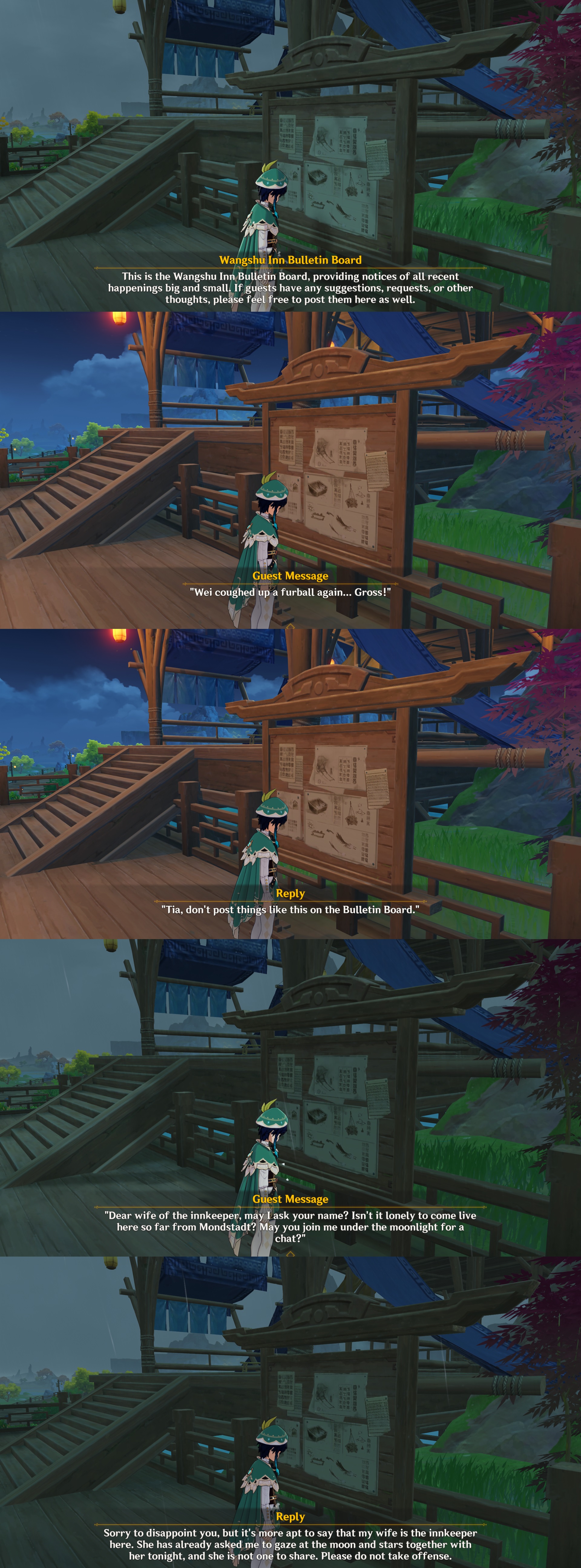 There is a bulletin board in Wangshu Inn that has different messages