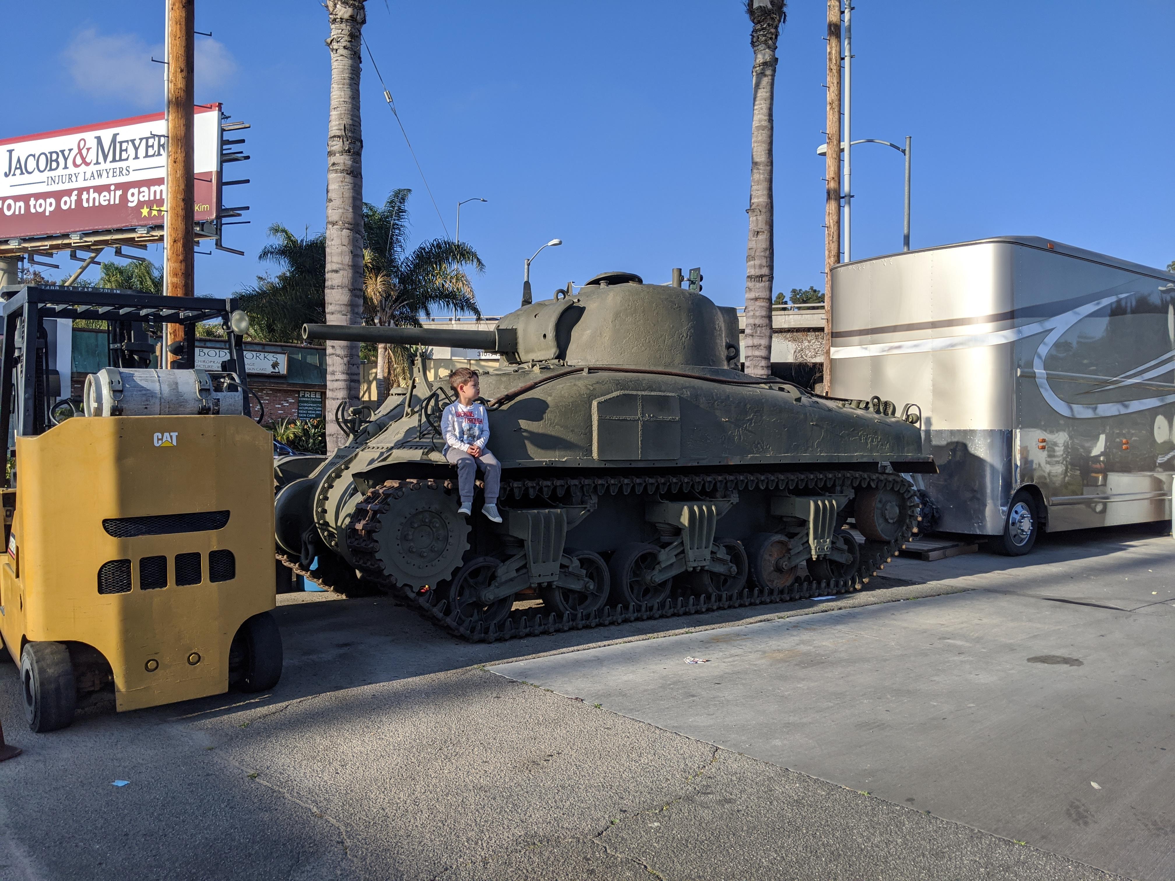 M4 Sherman tank parked at the gas station on the corner of Sawtelle and