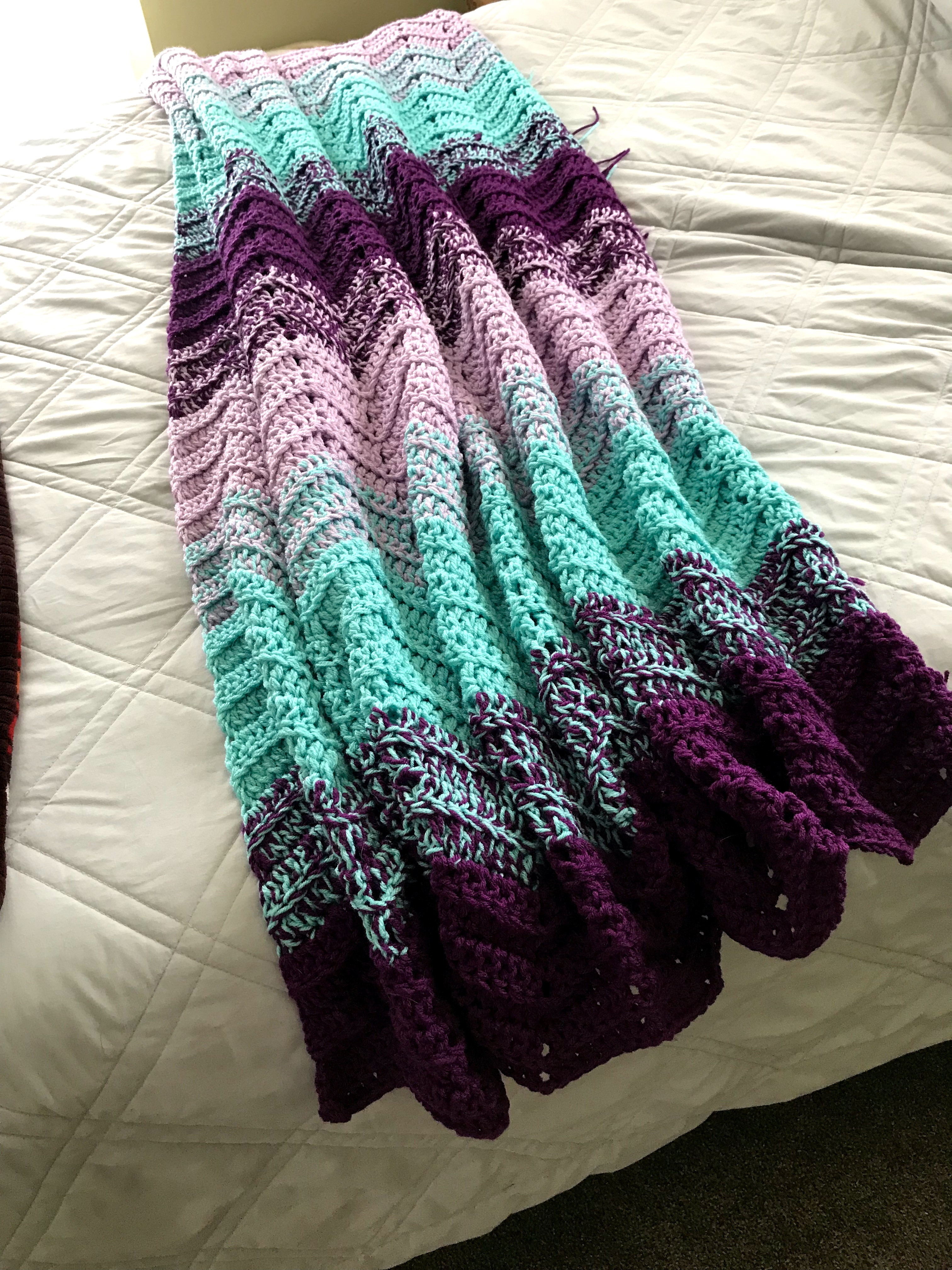 Finished blanket I made for a friend's birthday. Double crochet chevron